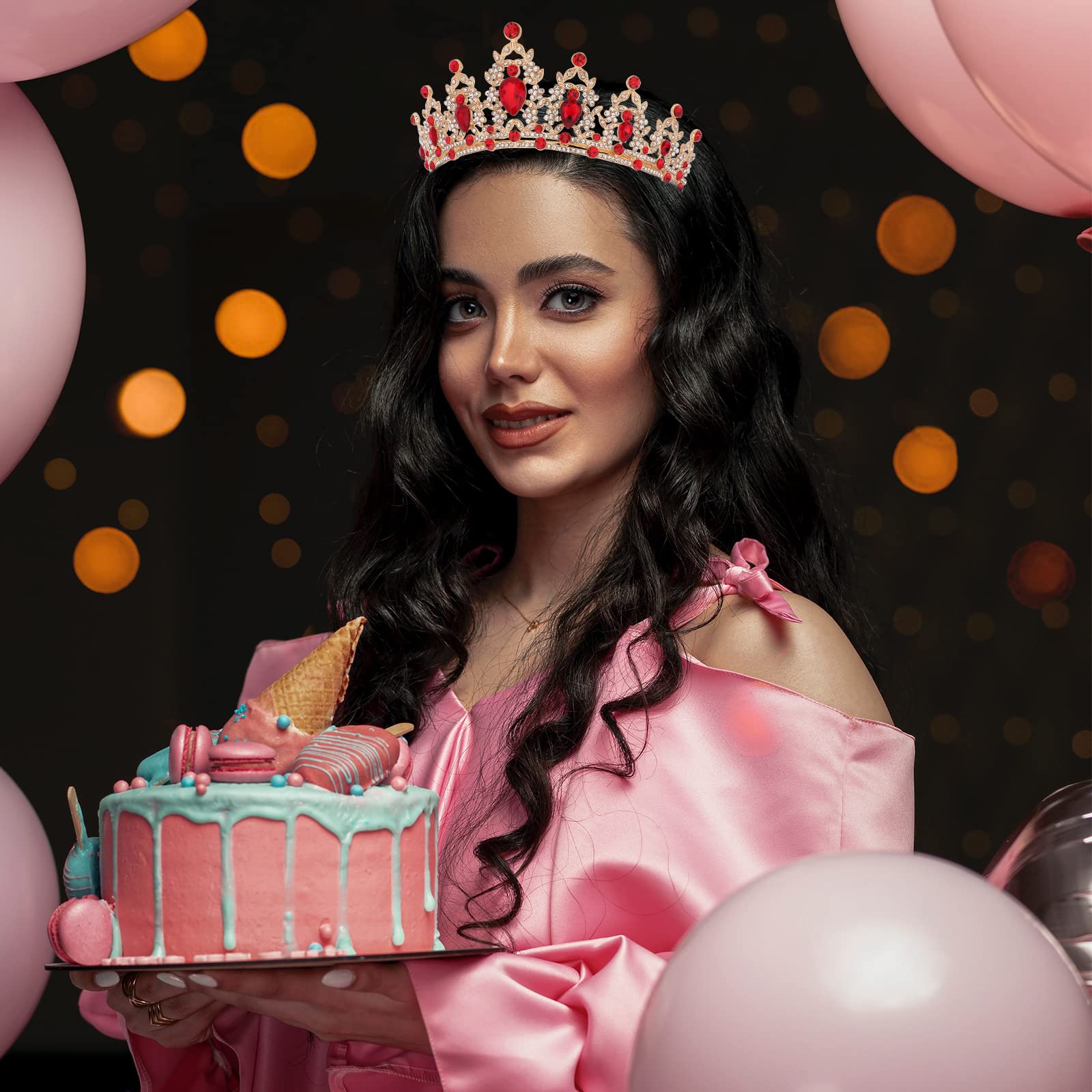 COCIDE Gold Crystal Tiara & Red Satin Sash Set for Women & Girls - Birthday Queen Crown with Red Gem - Perfect for Birthday Parties, Pageants, Bachelorette, Prom & Special Occasions - Great for Costumes, Role Play & Photo Shoots