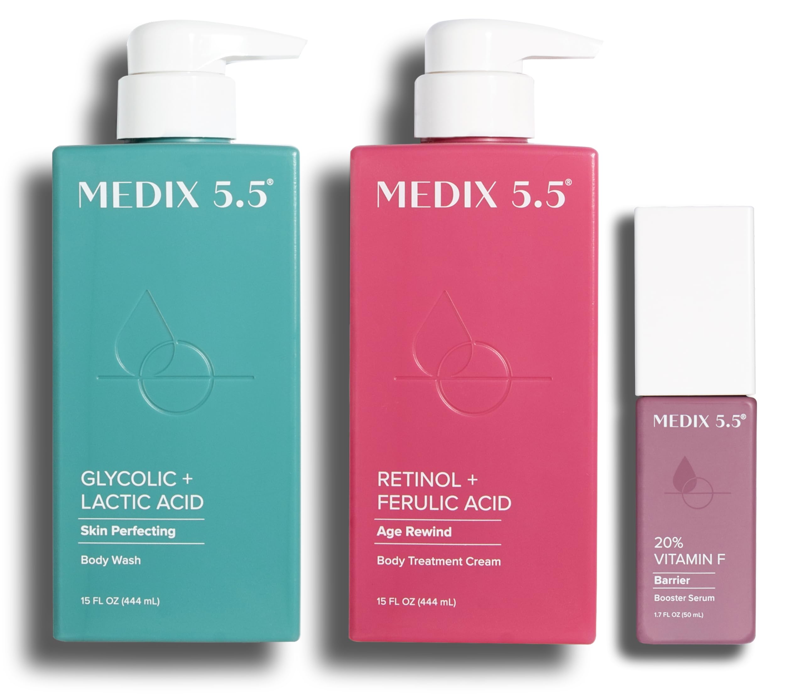 Medix 5.5 Glycolic Acid Exfoliating Body Wash with Retinol Firming Cream & 20% Vitamin F Anti-Aging Serum Set - Smooth, Tighten & Rejuvenate Skin for Daily Body Care Routine