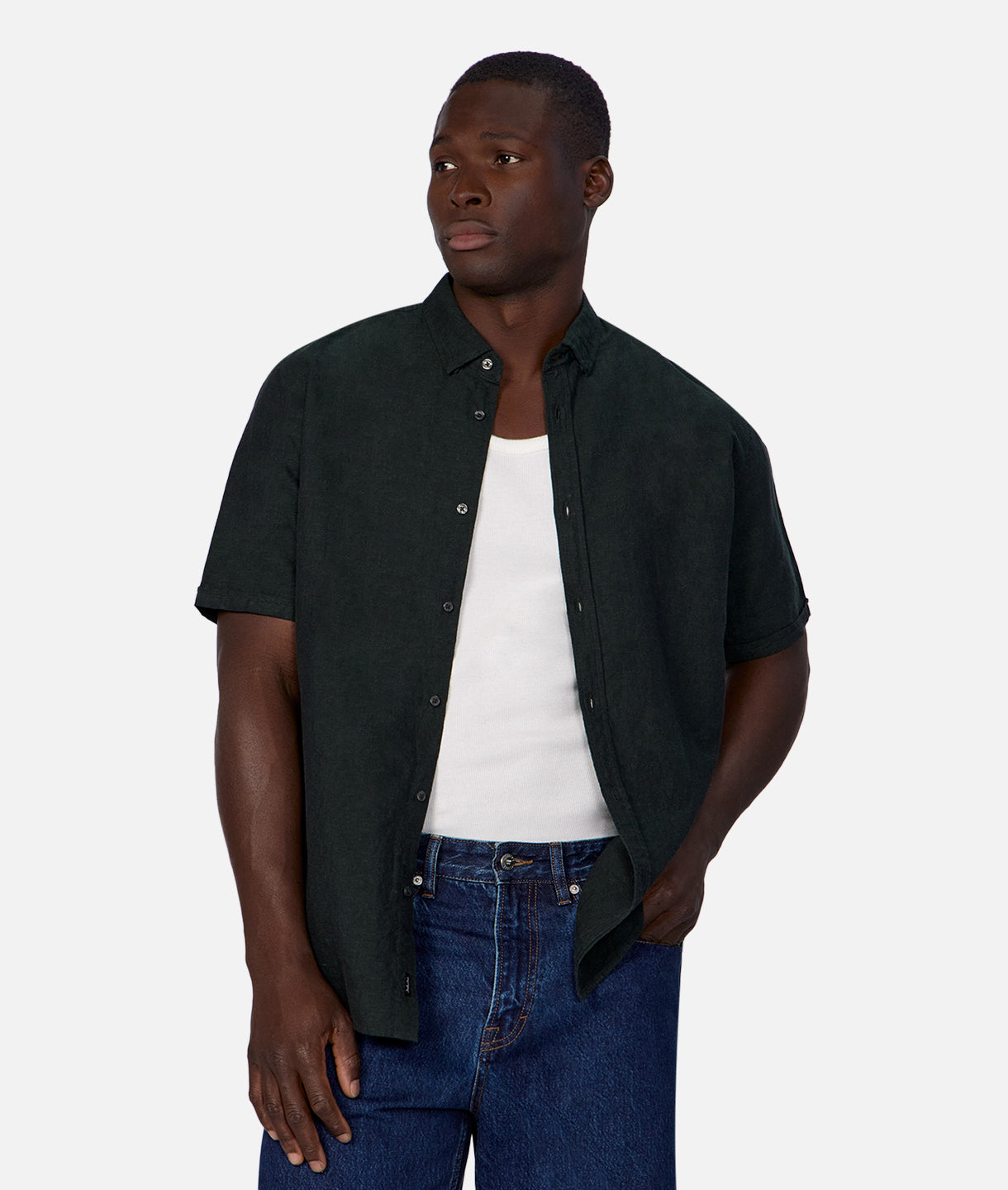 The Tennyson Linen Blend Short Sleeve Shirt in Dark Pine - Breathable & Stylish Casual Wear for Men, Perfect for Summer Outings & Office Casual Fridays