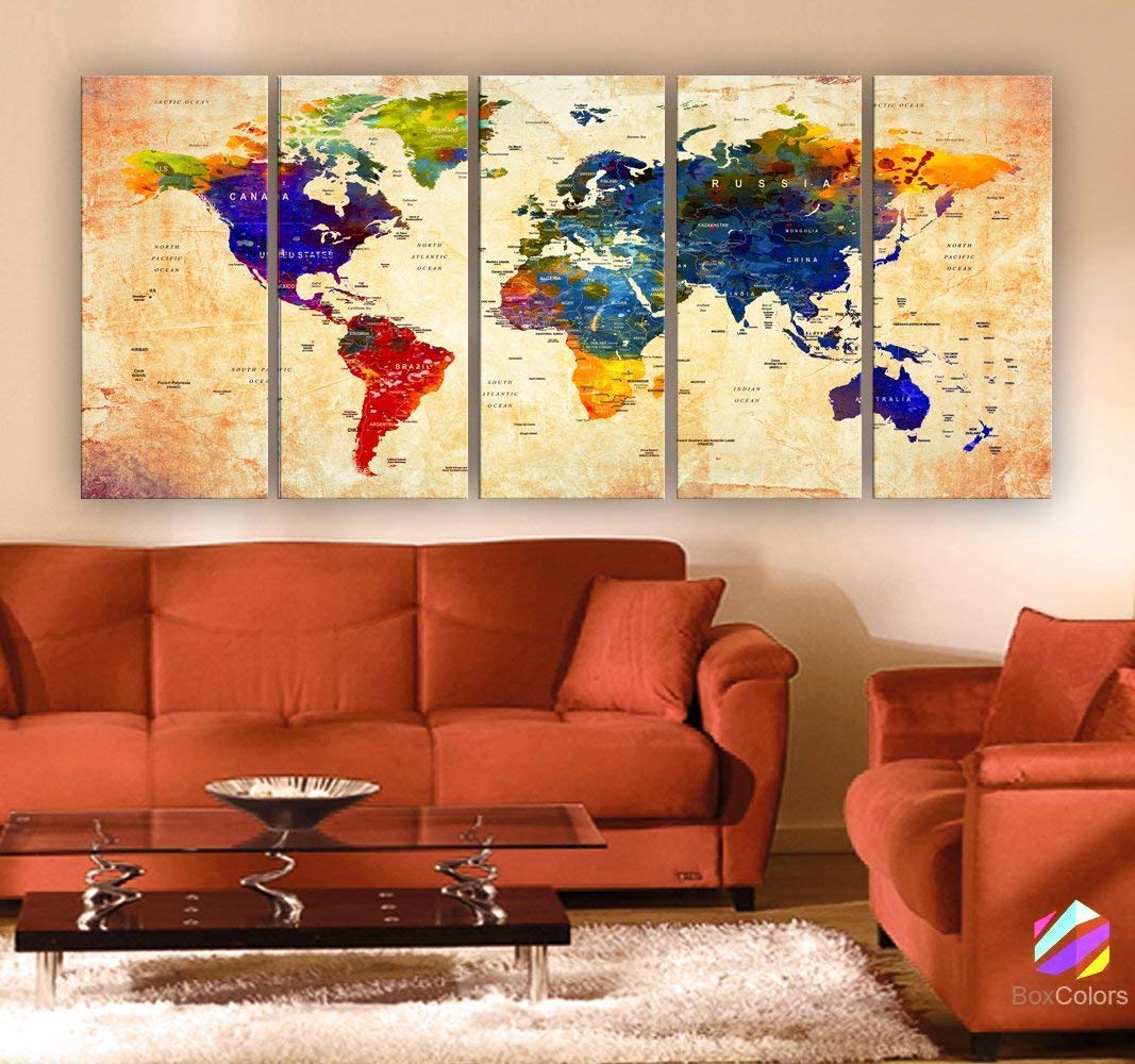 Original by BoxColors XLarge 30x70 Inch 5-Panel Canvas Art Print - Watercolor Orange Vintage World Map with Push Pins - Framed Travel Wall Decor (1.5