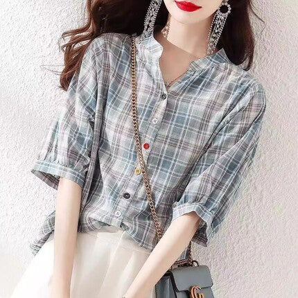Women's Plaid Short Sleeve Cotton Shirt - Summer Thin Drawstring Casual Top for Outdoor Activities, Travel & Daily Wear