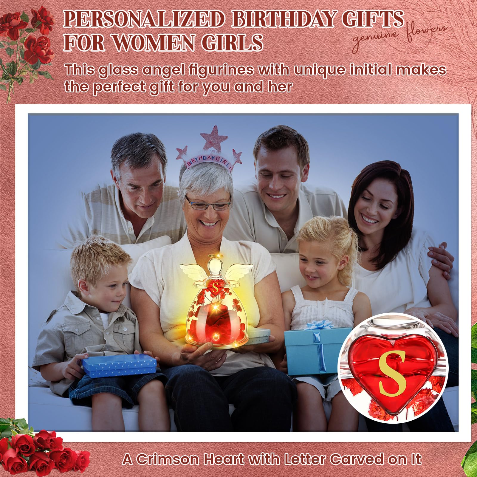 Eternal Rose Gift for Women - Preserved Glass Rose with Angel Figurine | Birthday, Anniversary, Valentine's Day Present for Wife, Mom, Girlfriend, Daughter, Grandma | Home Decor, Wedding Centerpiece, Romantic Keepsake