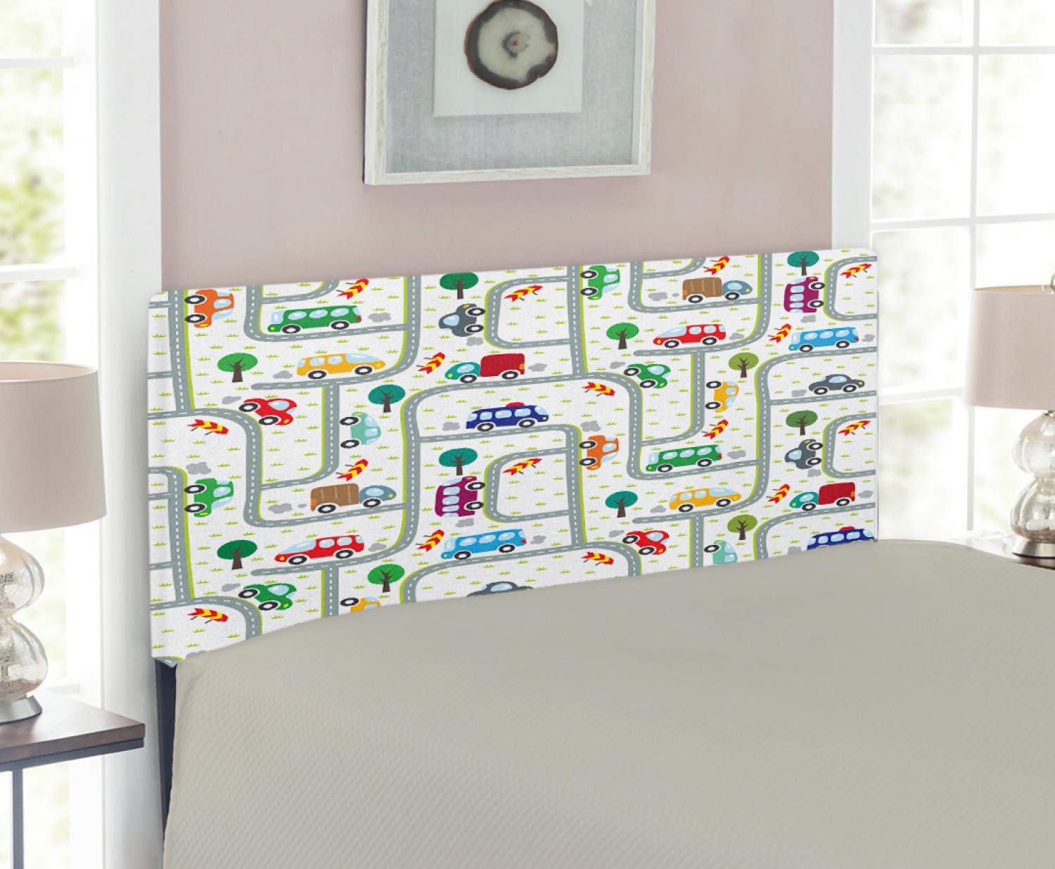 Ambesonne Cars Headboard - Vibrant Urban Traffic Design with Memory Foam | Twin Size Upholstered Metal Bed Headboard | Perfect for Kids' Bedrooms & Race Car Themed Decor