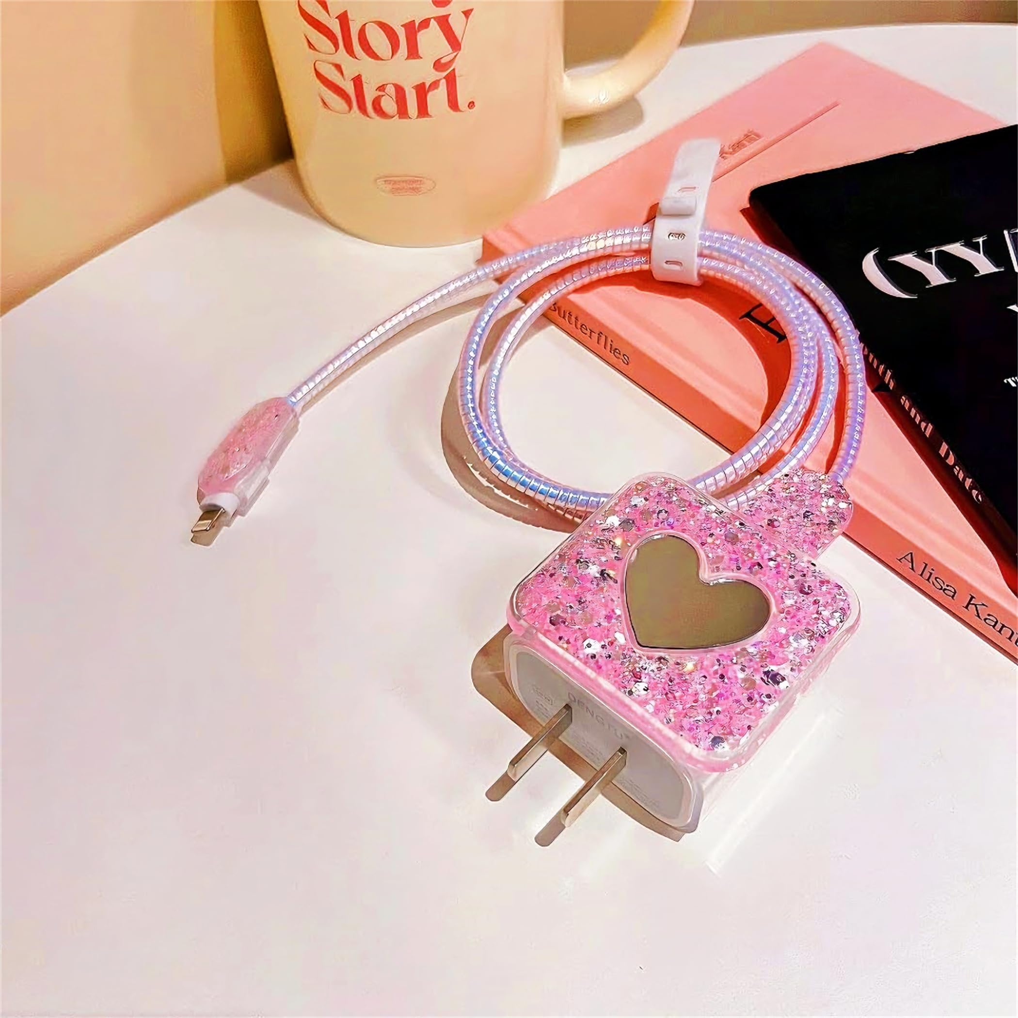 Premium iPhone 18W/20W Charger Cable Protector - Cute Heart Mirror Design, Soft Cord Saver for Women & Girls (Pink) | Perfect for Home, Office & Travel Accessories