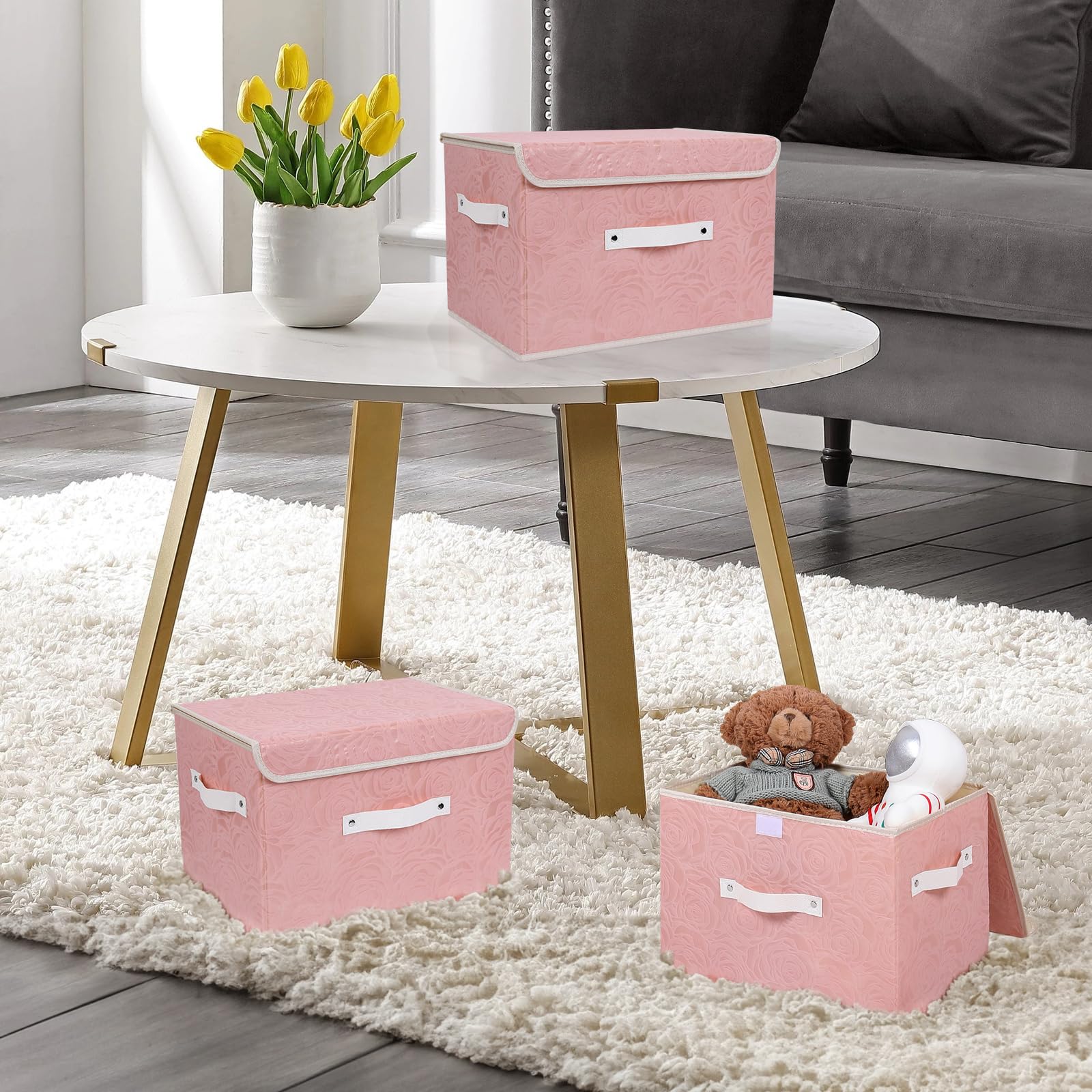 Lucky Monet Cute Storage Bin Boxes with Lids - Washable Decorative Fabric Storage Baskets, Collapsible PU Leather Handle Box Cubes for Shelf Closet Organizer (3-Pack, Pink, Large) - Perfect for Bedroom, Nursery & Home Organization