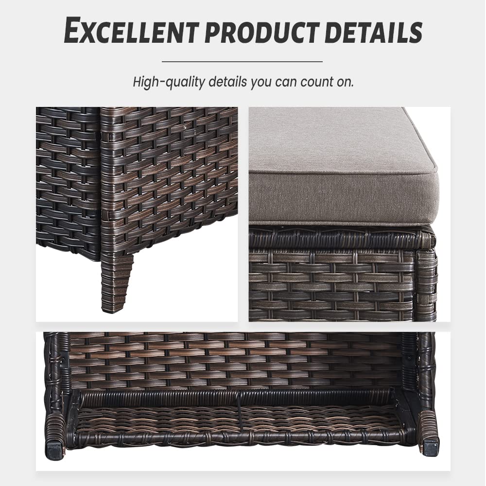 All-Weather Outdoor Rattan Ottoman Set of 2 - Patio Seating Footstool with Soft Cushions - Perfect for Garden, Deck, Poolside & Backyard Relaxation