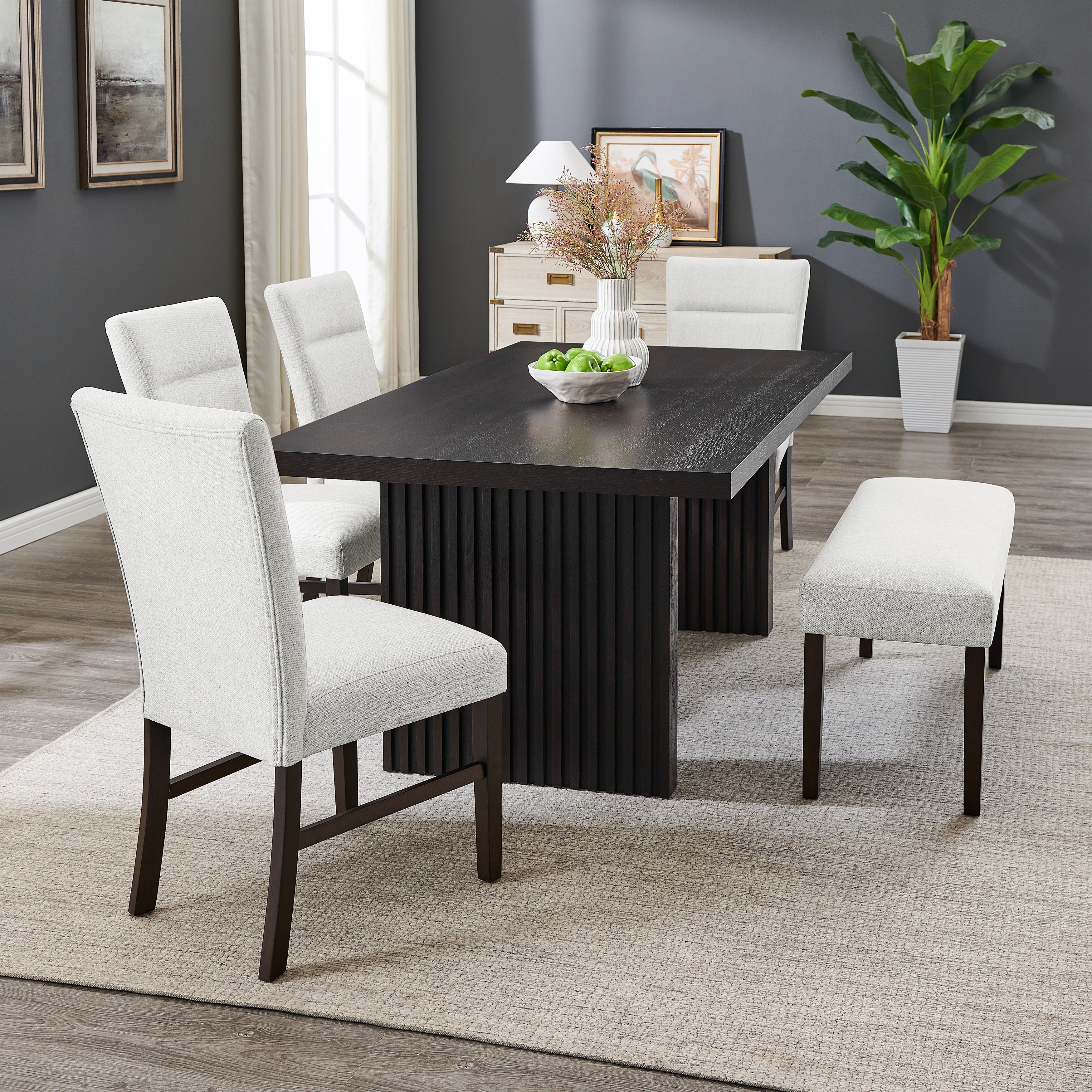 Roundhill Furniture Madison 6-Piece Dining Set - Gray Slat Fluted Dining Table with 4 Chairs & Bench | Perfect for Kitchen, Dining Room & Small Spaces