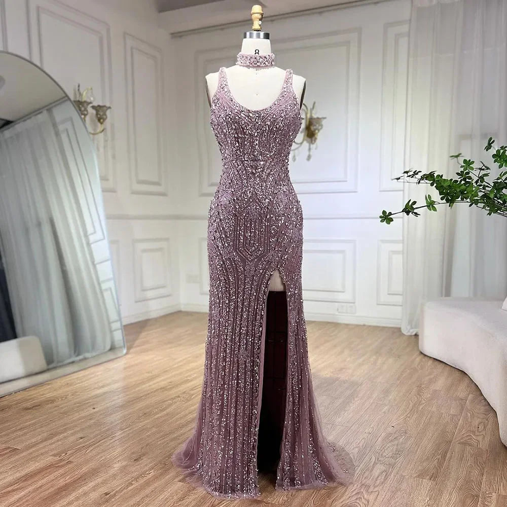 Elegant Pink Mermaid Evening Dress for Women - Sleeveless High Slit Luxury Dubai Gown for Wedding, Party & Special Occasions | Serene Hill LA72259 | Perfect for Red Carpet, Gala & Formal Events