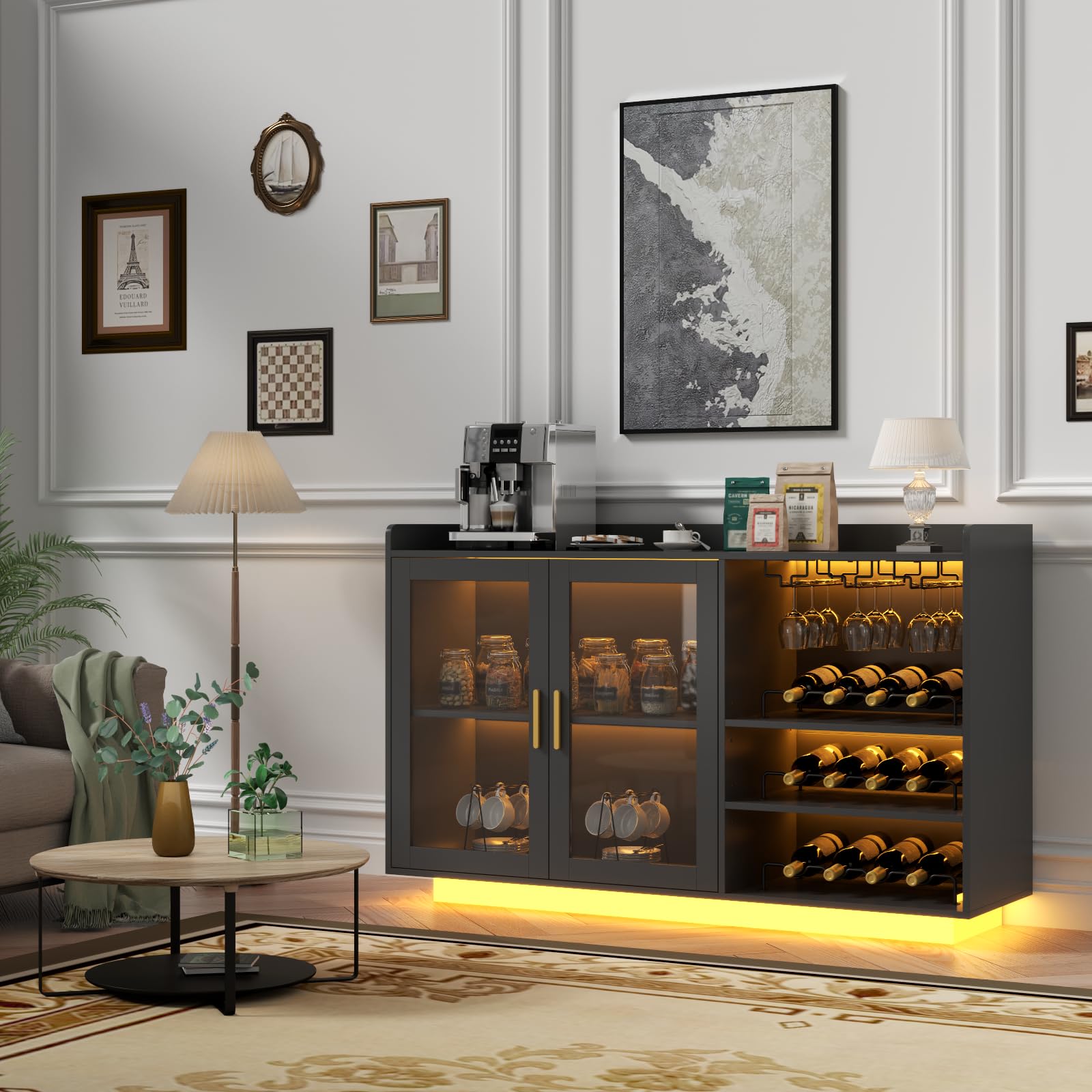 Modern Floating Wine Bar Cabinet with LED Lights - Glass Rack & Removable Wine Racks - Kitchen Buffet Sideboard with Storage Shelves & Glass Doors - Perfect for Home Bar, Dining Room, or Kitchen Counter Organization - Black