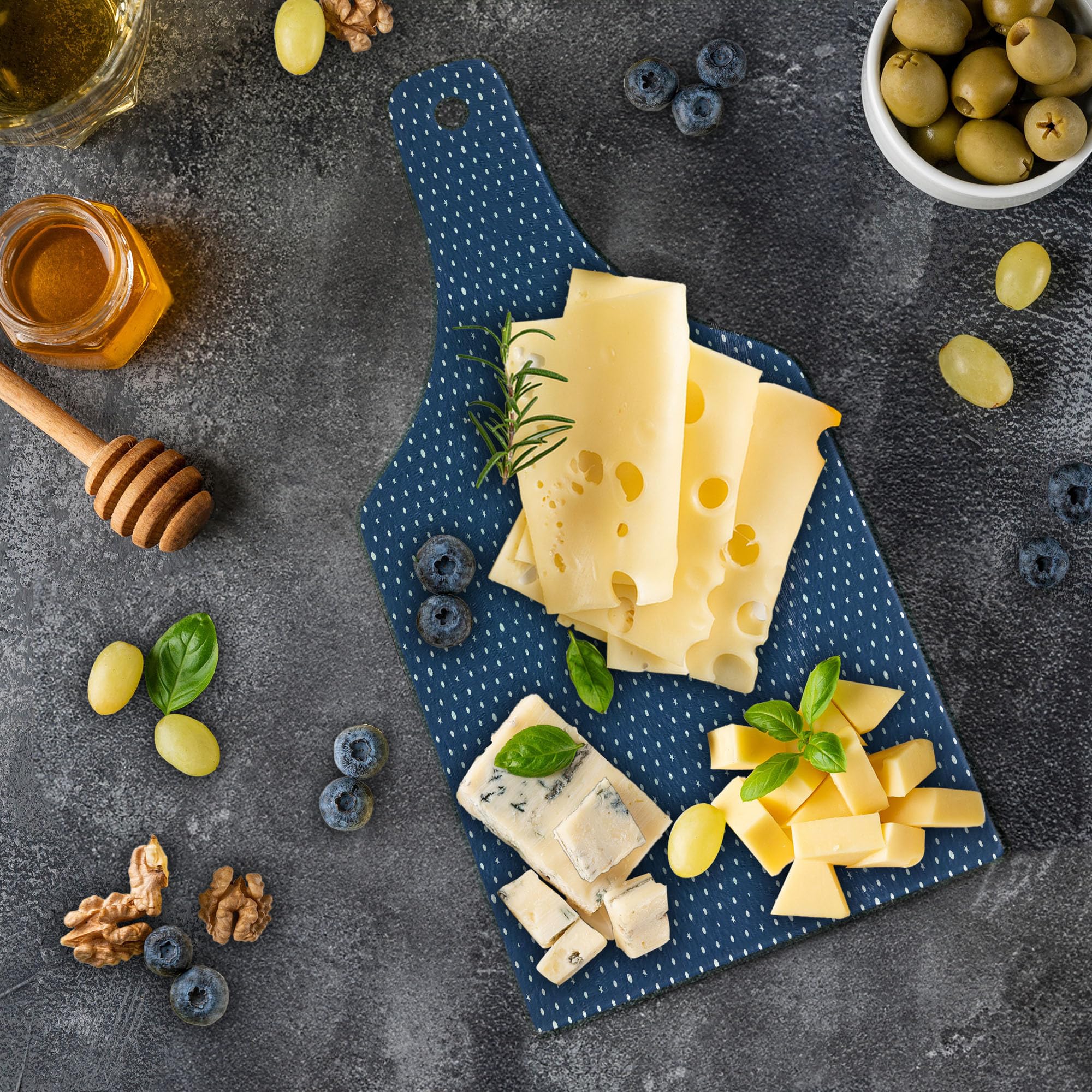 Ambesonne Navy Blue Polka Dot Star Pattern Tempered Glass Cutting Board - Retro Decorative Serving Board with Wine Bottle Shape - Perfect for Kitchen, Dining, and Party Entertaining