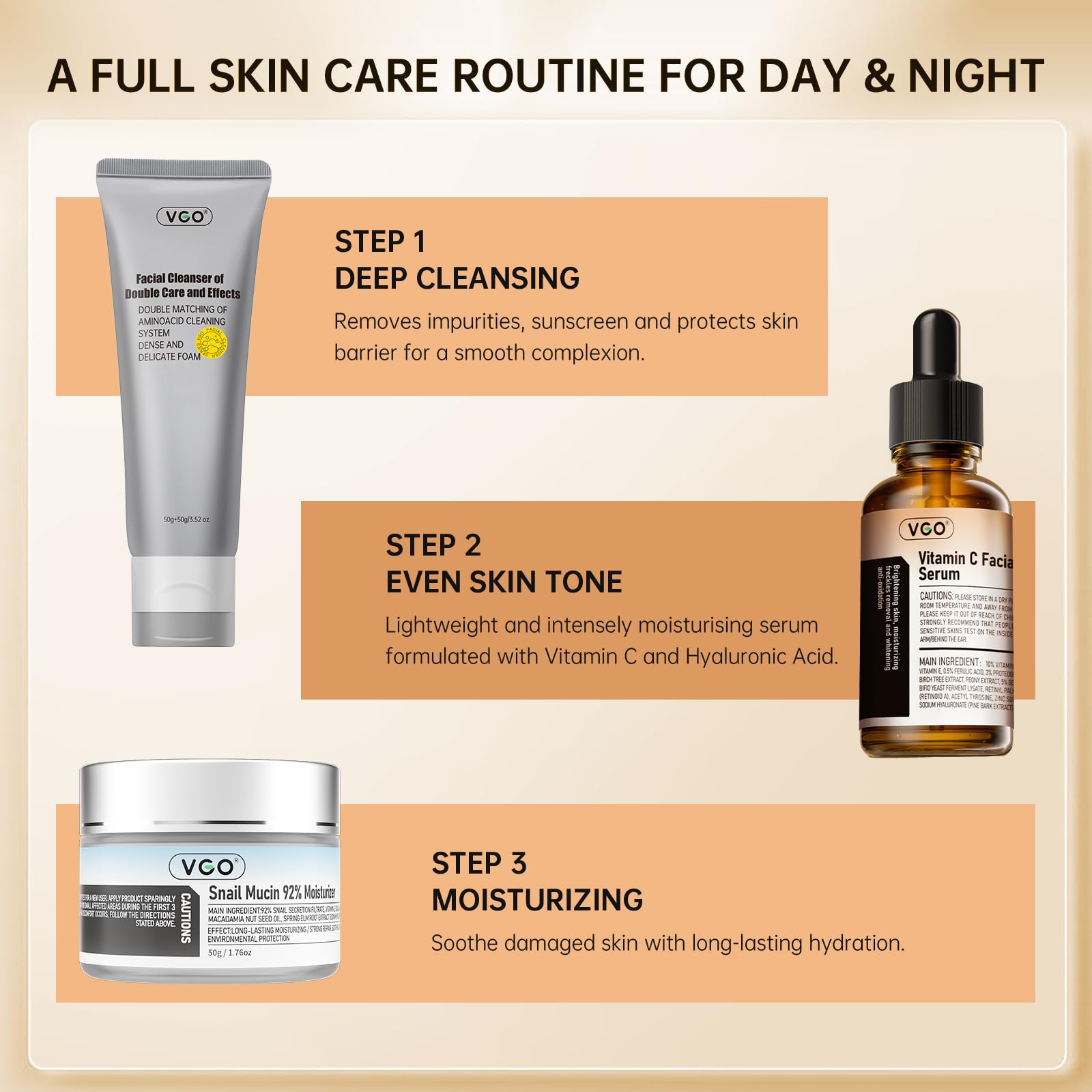 VGO 3-Step Facial Skin Care Set with Snail Mucin 92% Moisturizer (1.76 Oz), Vitamin C Serum (1.01 Oz) & Dual-Tube Cleanser (3.52 Oz) - Hydrating Anti-Aging Skincare Kit for Dry, Sensitive Skin - Perfect for Daily Routine & Travel Skincare Essentials