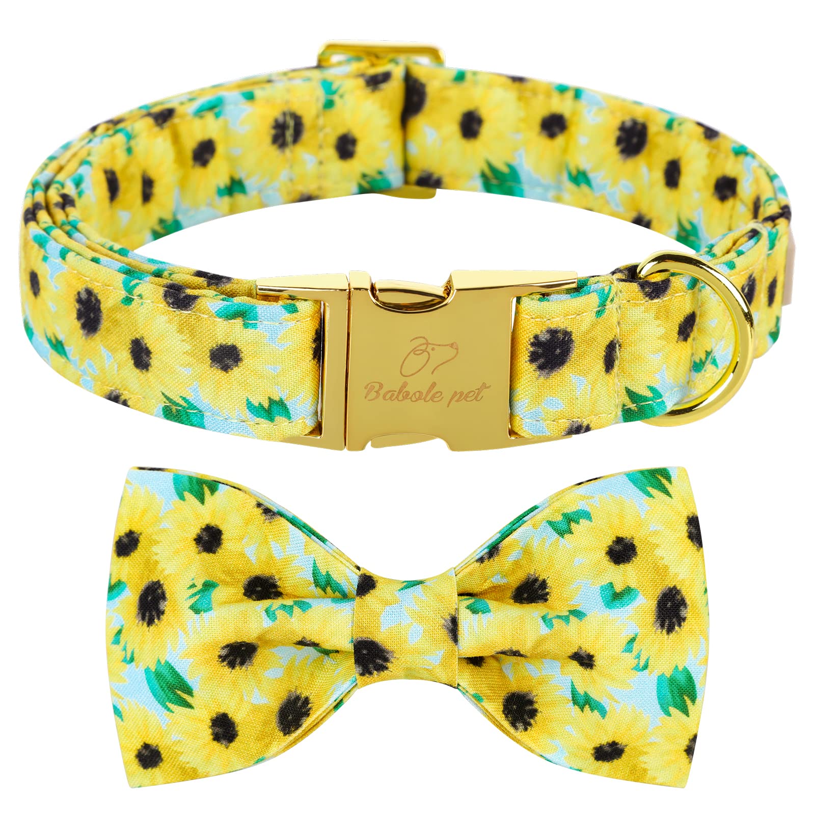 Adjustable Cotton Dog Collar with Sunflower Bow Tie & Metal Buckle - 16