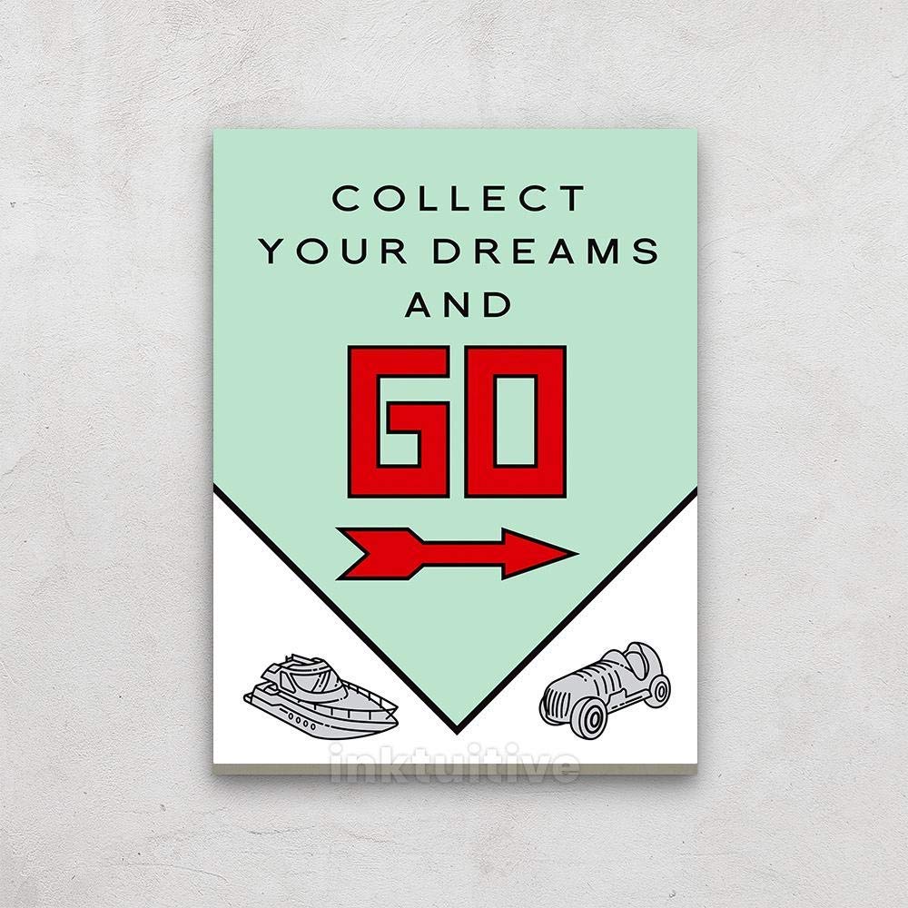 Inktuitive 'Collect And Go' Monopoly Inspired Motivational Wall Art - 16x12 Pennybags Canvas Print for Living Room, Office & Game Room Decor | Framed Large Wall Art for Home & Business Inspiration