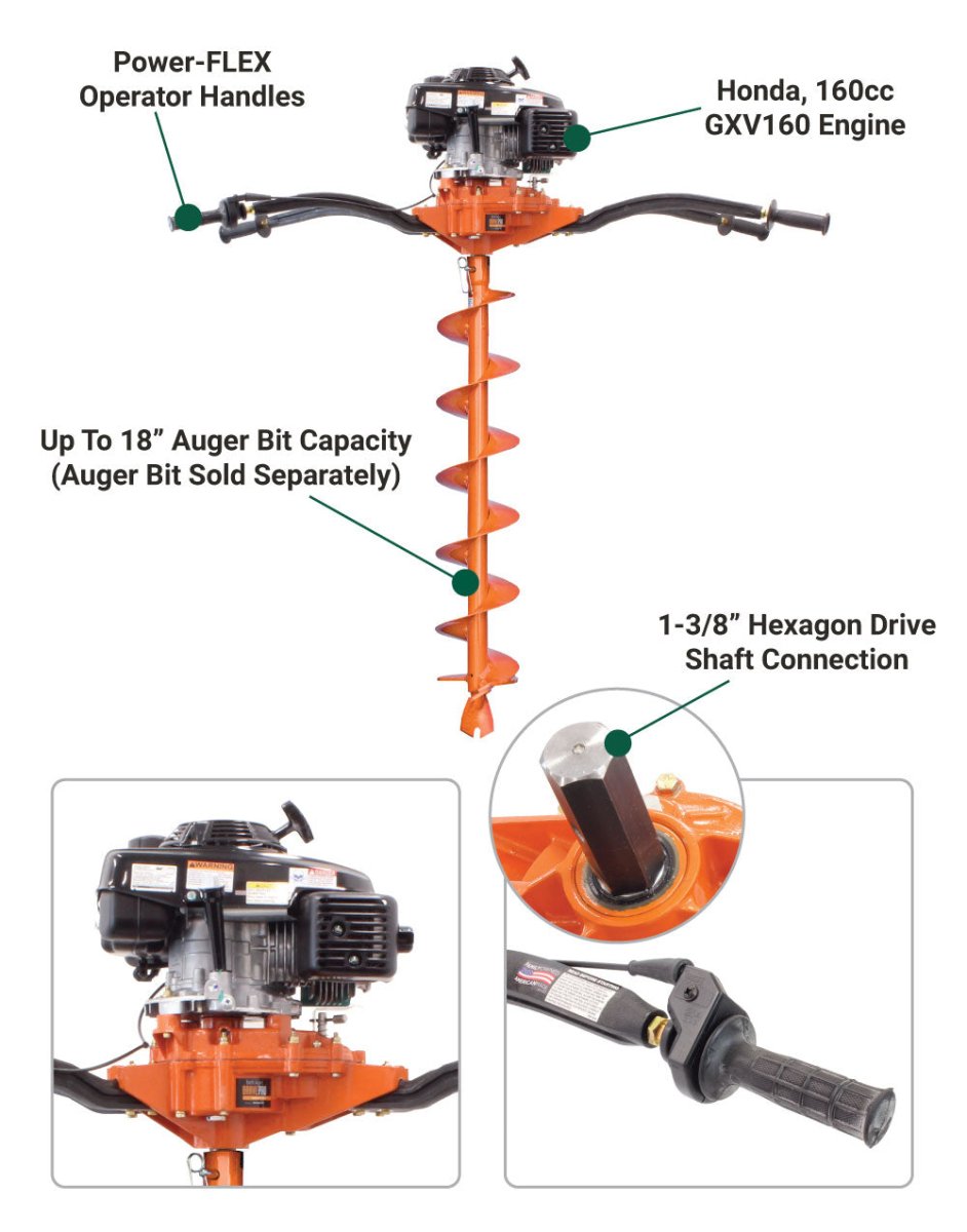 Brave Two Man Auger with 1 3/8 Inch Hex Shaft & Honda GXV160 Engine - Perfect for Landscaping, Fence Post Installation & Gardening Projects