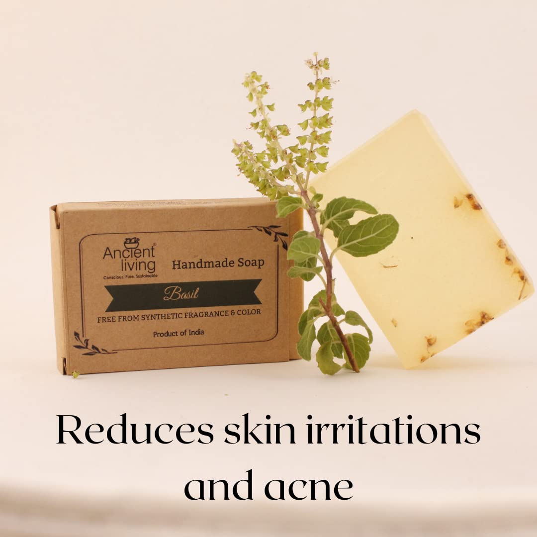 Ancient Living Basil Luxury Handmade Soap - Natural Bath, Body & Face Cleanser for Dry & Combination Skin (2-Pack, 100g Each) | Perfect for Spa Day, Gift Sets & Organic Skincare Routines