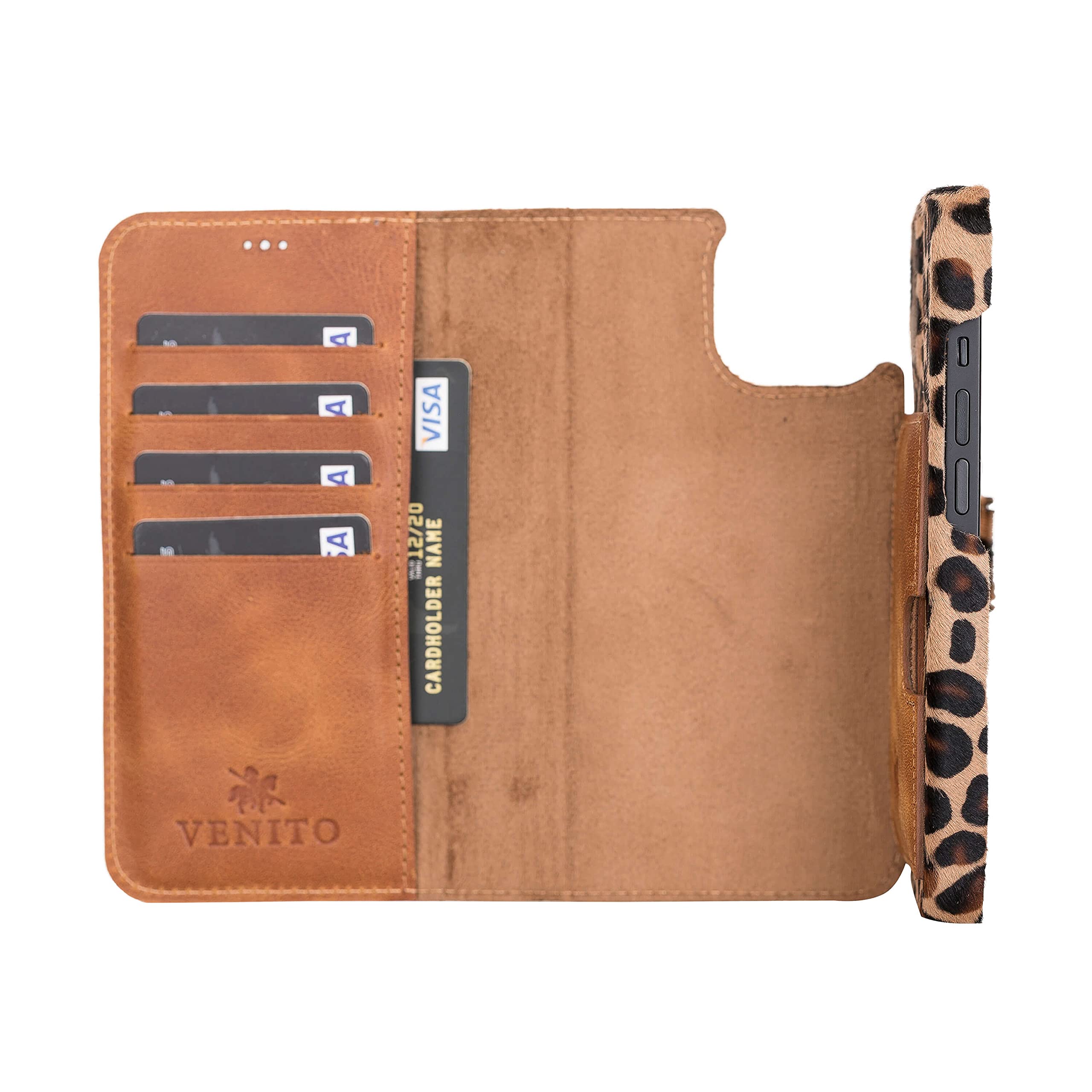 Venito Florence Genuine Leather Wallet Phone Case for iPhone 13 (6.1 Inch) - RFID Blocking Protection - Detachable Card Holder - Furry Leopard Print - Perfect for Travel, Shopping & Everyday Use