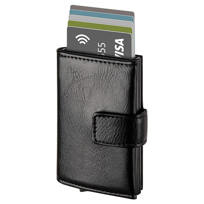 Premium RFID Blocking Smart Leather Wallet for Men - Aluminum Credit & Debit Card Holder with HASP Lock, Quick Access Pop-Up Design | Ideal for Travel, Business & Everyday Use (Black)