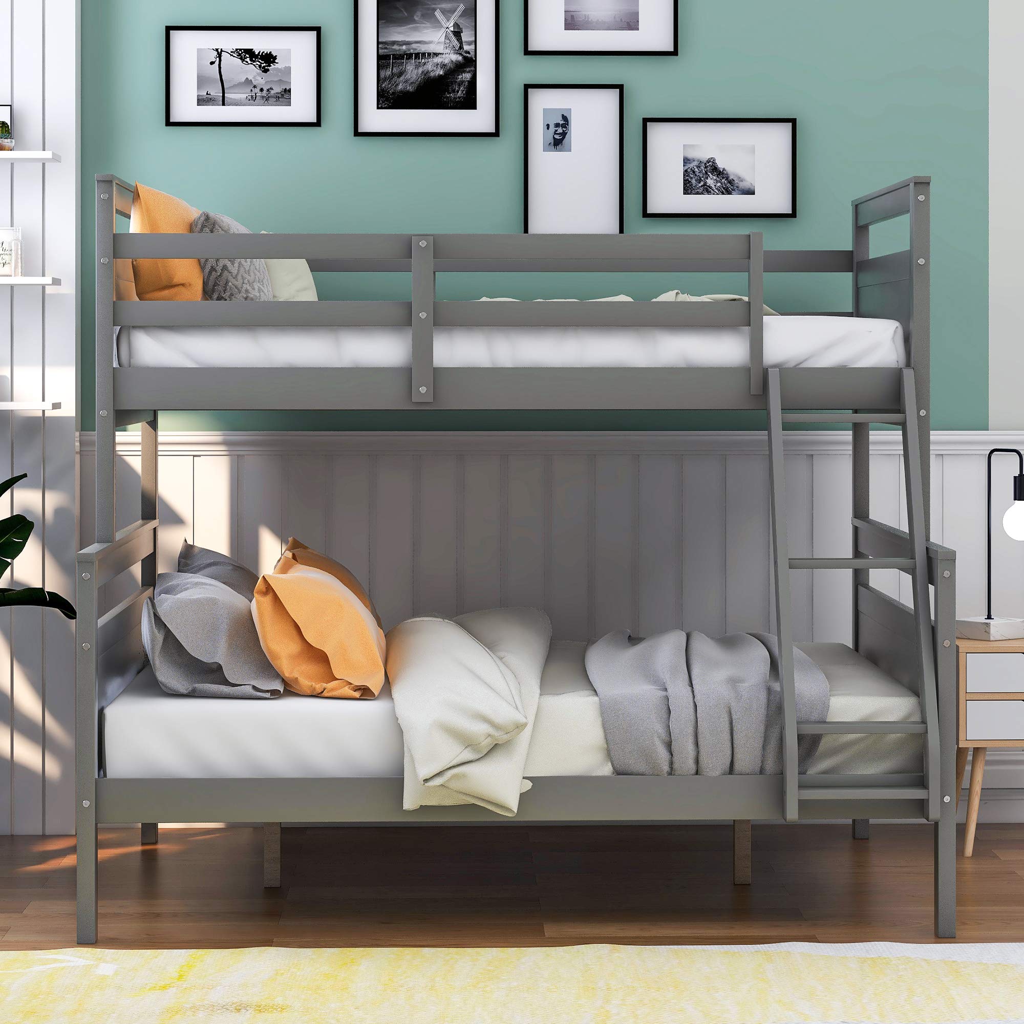 Convertible Twin Over Full Bunk Bed with Ladder - Gray for Kids & Guest Rooms