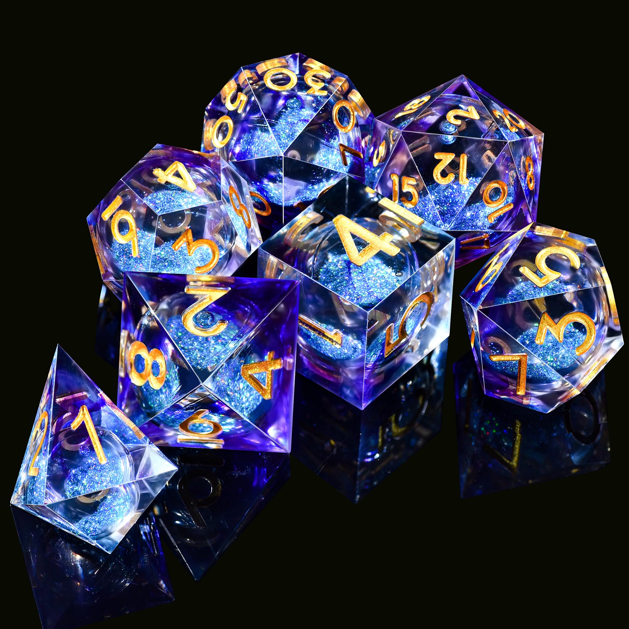 AUSTOR Liquid Core Resin DND Dice Set - 7-Piece Sharp Edge Polyhedral Dice for Dungeons & Dragons, RPG, MTG - Quicksand Handmade Violet & Blue Dice - Perfect for Tabletop Gaming, Role-Playing Adventures & Collectors