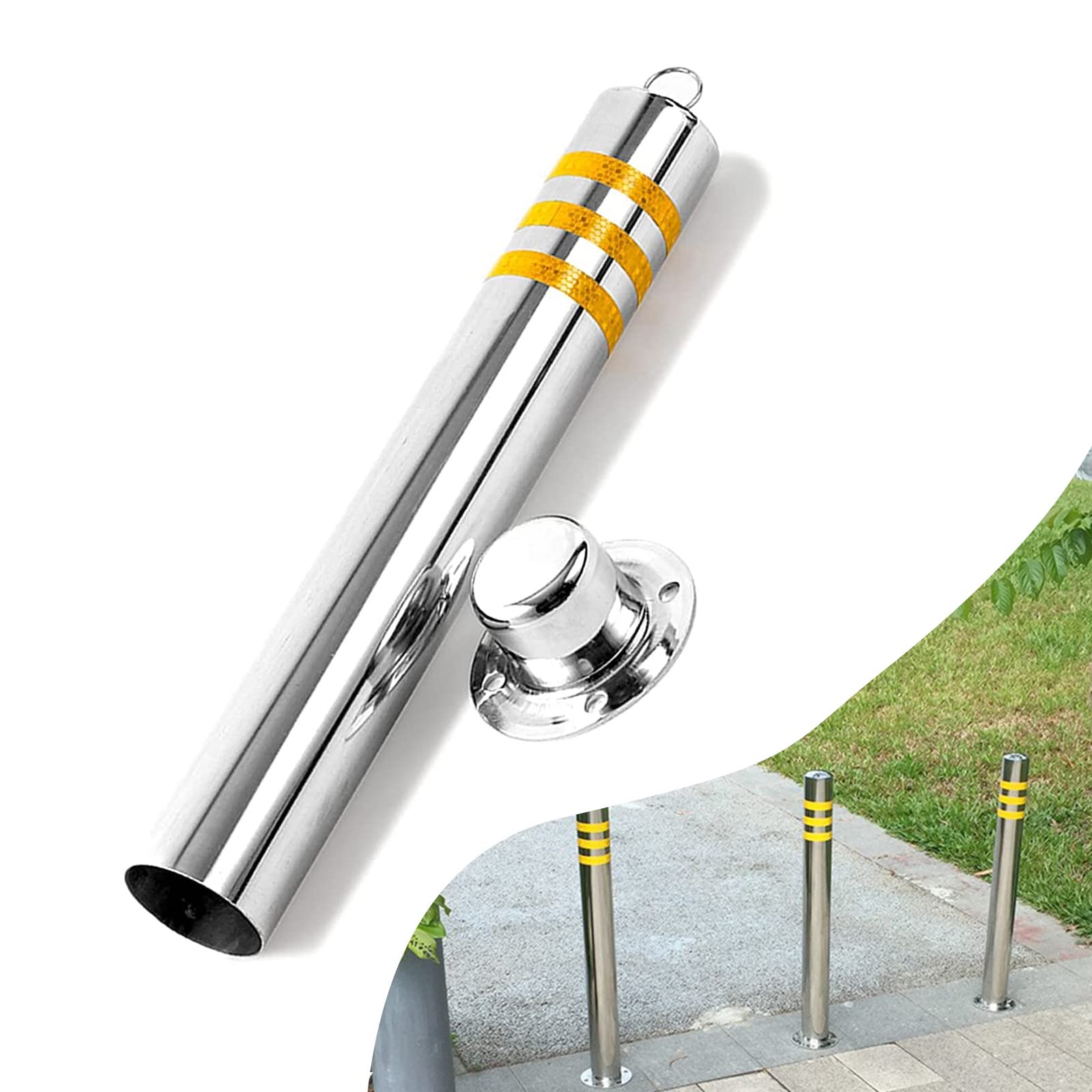Removable Driveway Parking Post Barrier with Reflective Tape, Expansion Bolts & Hanging Ring - Easy Installation for Home, Commercial & Warehouse Parking Safety