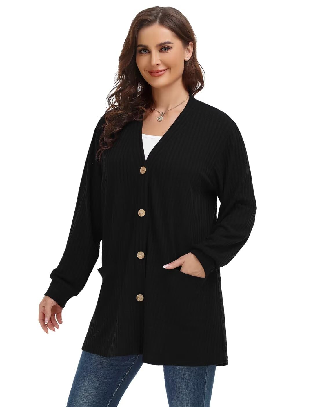 MONNURO Plus Size Cardigan for Women - Lightweight Long Sleeve Button Down Sweater with Pockets | Office Work Tops & Casual Layering Outfits