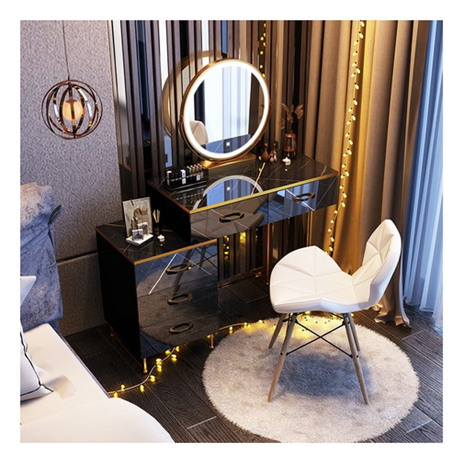 TOMYEUS Vanity Desk with LED Lighted Mirror & 2 Drawers - Modern Makeup Dressing Table for Women & Girls, Bedroom Vanity Set (Black) - Perfect for Makeup Application, Skincare Routine & Home Decor