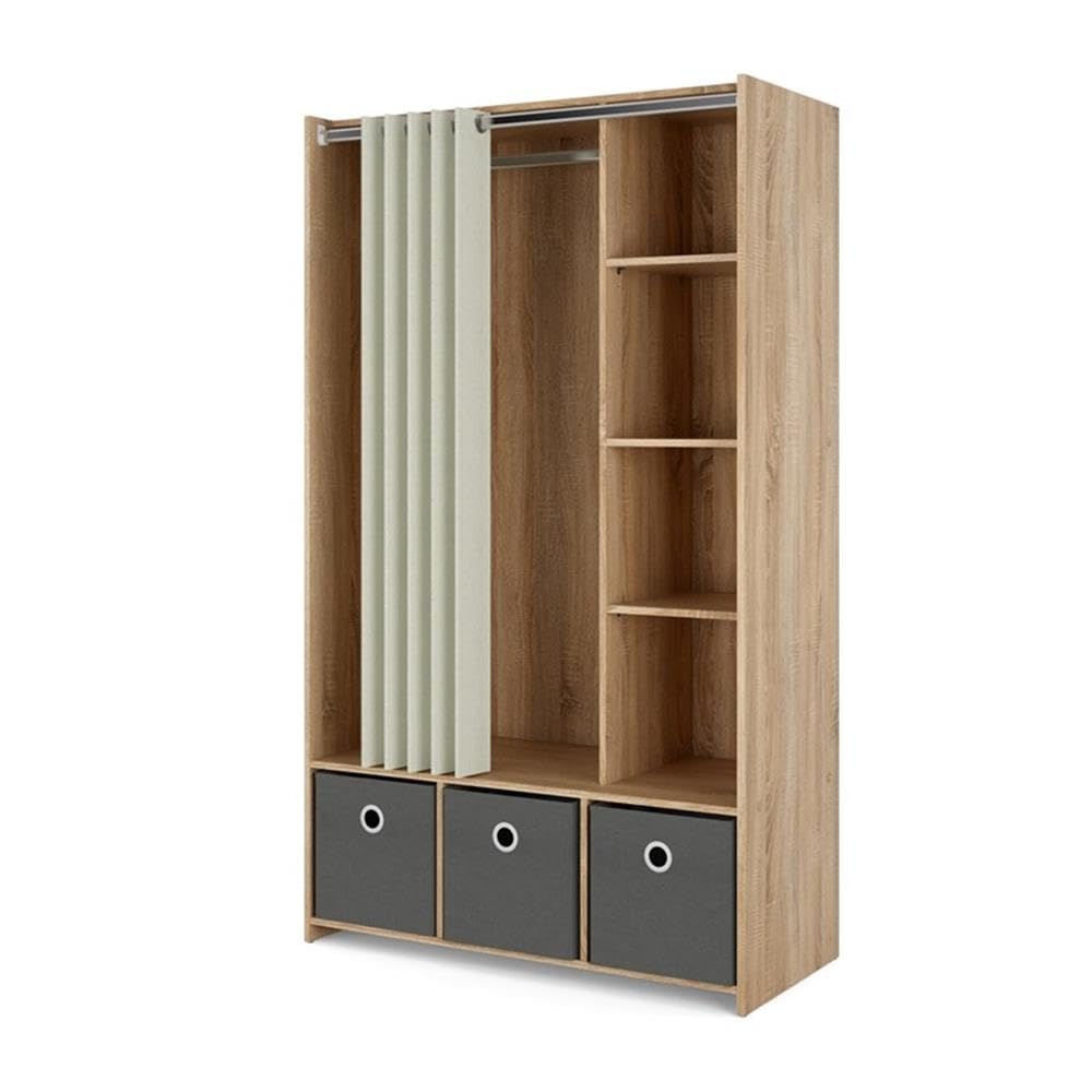 Tvilum Lola 3 Bin Curtain Storage Organizer - Oak Wood Frame with Natural & Gray Fabric Bins - Perfect for Bedroom Closet, Kids Room, or Bathroom Storage