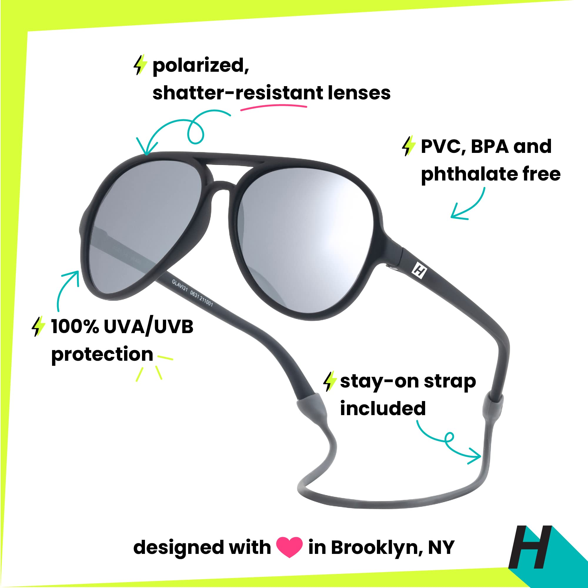 **Hipsterkid Aviator Sunglasses for Kids & Toddlers – Polarized, Shatter-Resistant Lenses with Stay-On Strap, 100% UV Protection – Perfect for Outdoor Play, Beach, and Christmas Gifts (Black, 3-6 Years)**