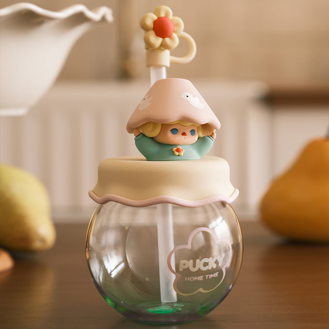 POP MART Pucky Home Time Series Straw Cup - Cute Cartoon Character Water Bottle for Kids & Adults - Perfect for School, Office, Travel & Outdoor Activities