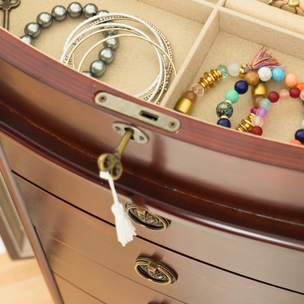Hives & Honey Noel Standing Jewelry Armoire Cabinet - Locking Jewelry Storage Organizer with Flip Mirror, 2 Side Doors & 7 Drawers | Jewelry Chest for Necklaces, Earrings, Bracelets | Cherry Wood Finish | Perfect for Bedroom, Closet & Dressing Room Organization