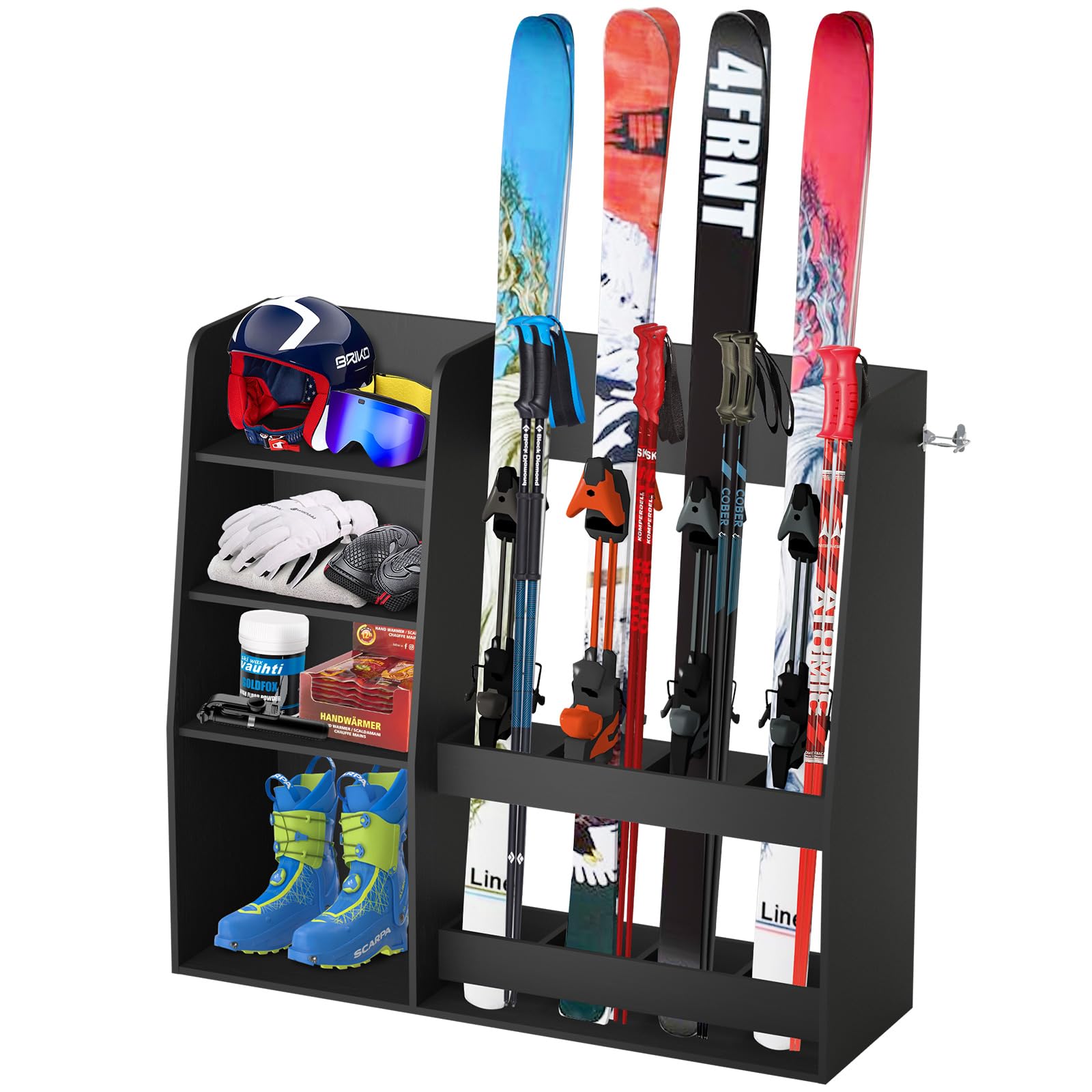 4-Pair Ski Storage Rack with Equipment Holder - Wall Mount Ski Organizer Stand for Skis, Poles & Accessories - Perfect for Garage, Basement, Shed - Indoor/Outdoor Use for All Level Skiers (Great Gift Idea)