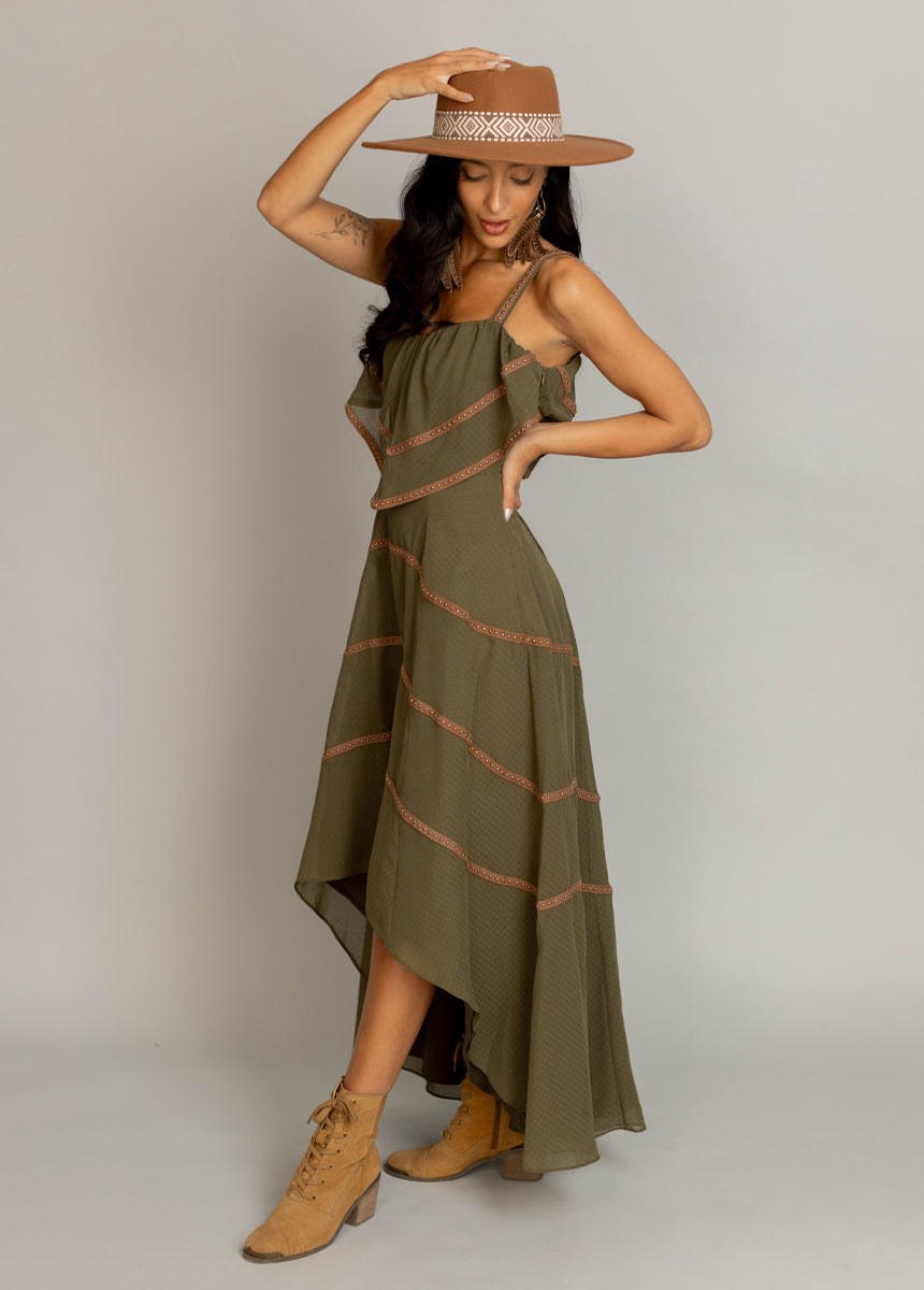 Brianda Olive Green Dress for Women - Elegant Flowy Midi Dress for Casual Wear, Date Night & Summer Outfits