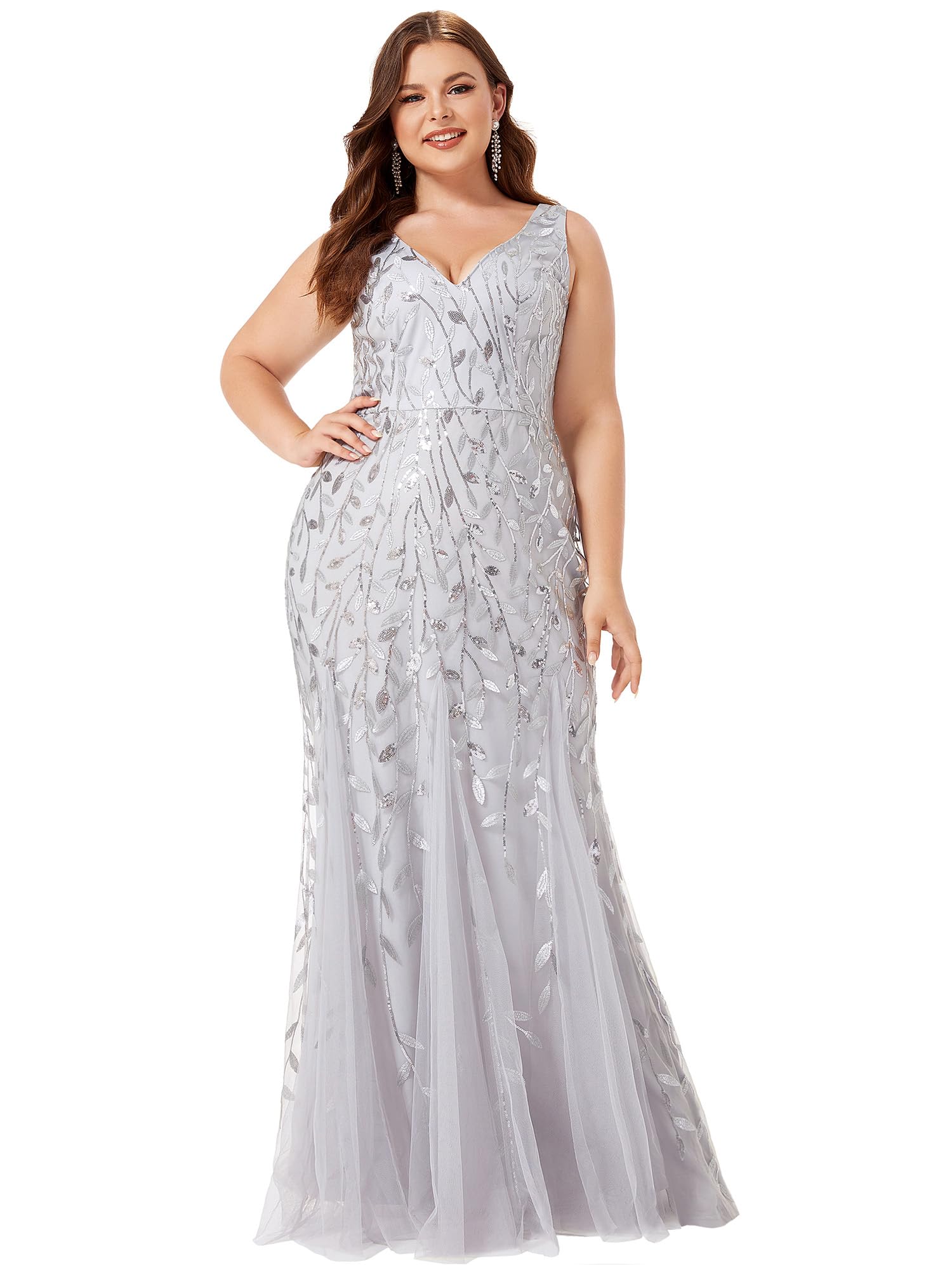 Ever-Pretty Women's Sequin V-Neck Sleeveless Bodycon Mermaid Evening Gown Plus Size Formal Dress for Prom, Party, Wedding & Special Occasions - Style 07886-PZUSA