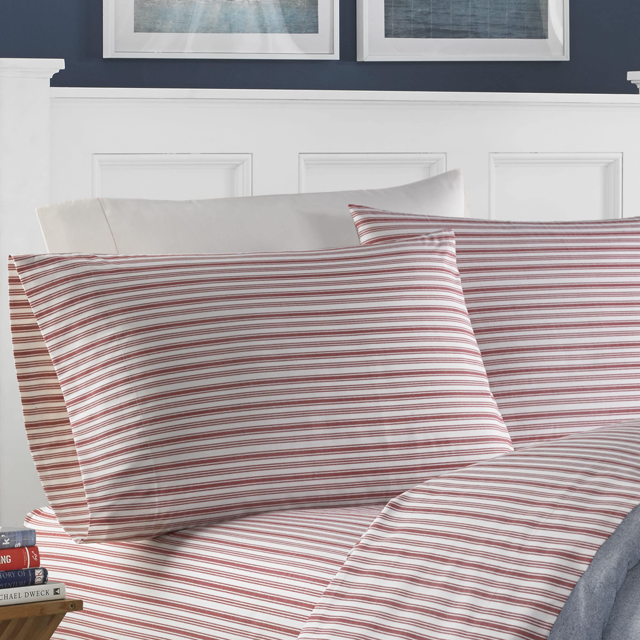 Nautica King Cotton Percale Sheets - Red Striped Bedding Set for Cozy Home Decor