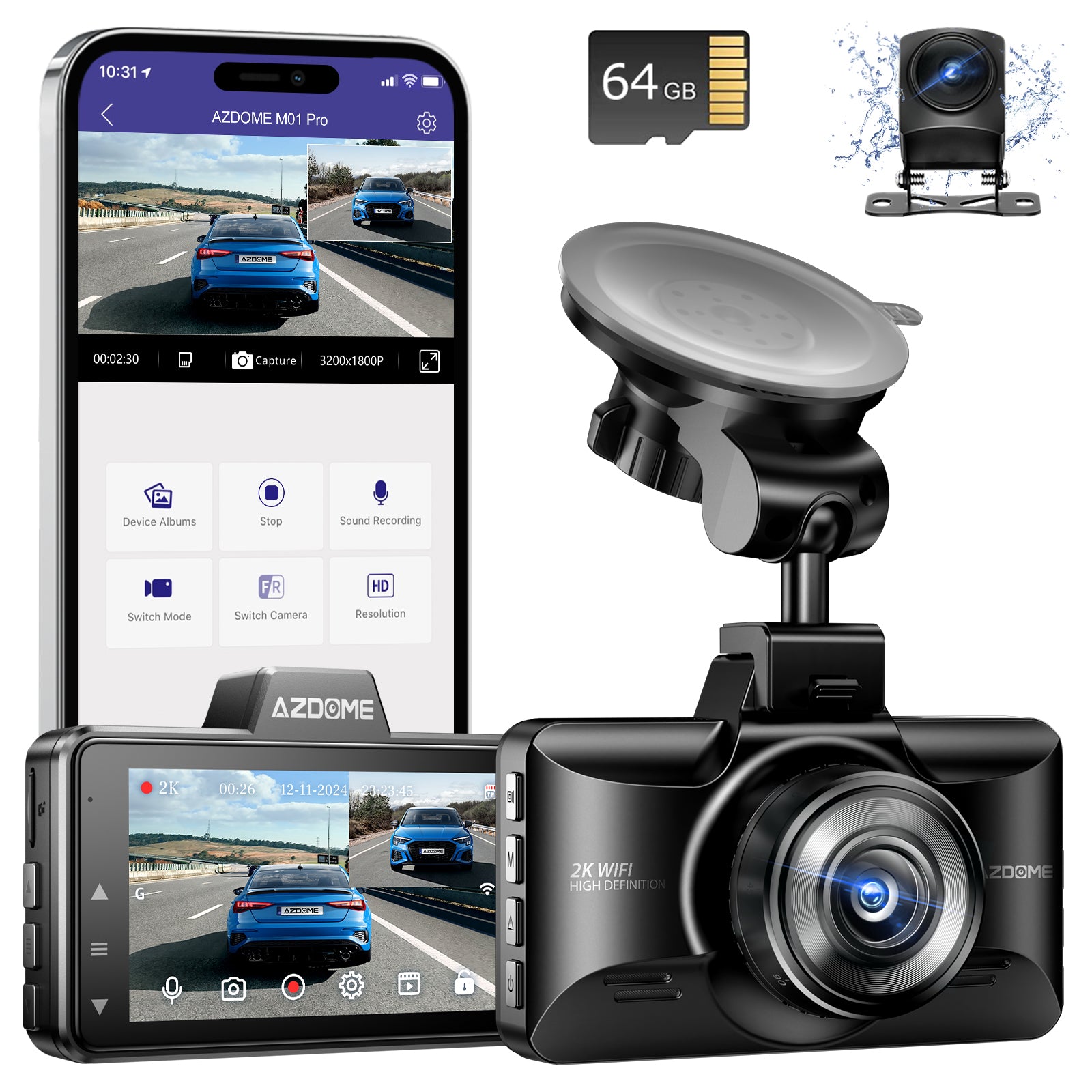 AZDOME M01 3K WiFi Dash Cam Front and Rear - Dual Car Camera with ADAS, G-Sensor & 24H Parking Mode - Perfect for Uber, Lyft Drivers & Road Trips