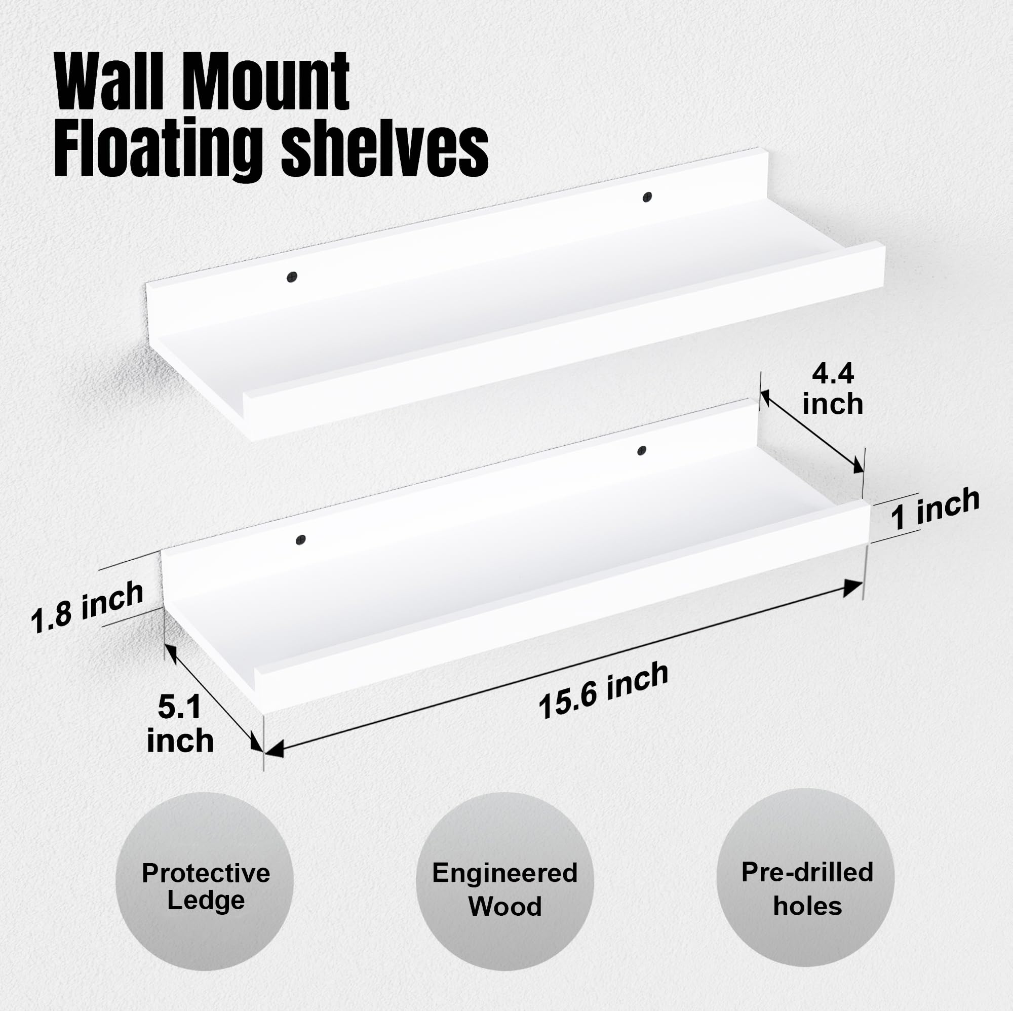 Modern White Floating Shelves Set of 2 - Wall Mounted Display Shelves with Lip for Bedroom, Nursery, Living Room, Bathroom & Kitchen - Perfect for Wall Decor, Picture Frames, Plants & Home Organization