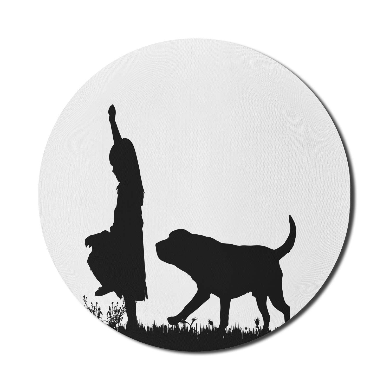 Ambesonne Labrador Themed Round Mouse Pad - Non-Slip Rubber Gaming Mousepad with Dog Walking Silhouette Design, 8 Inch Black and White Computer Accessory for Office, Home & Gaming Setup