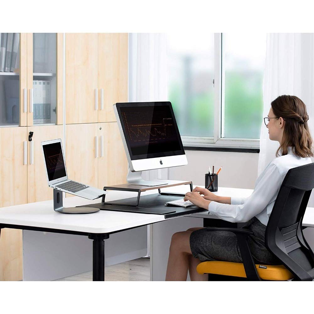 Premium Metal Monitor Stand Riser for iMac & MacBook - Space-Saving Dark Wood Grain Laptop Accessory with Sturdy Platform - Perfect for Home Office, Gaming Setup & Workspace Organization (Black)