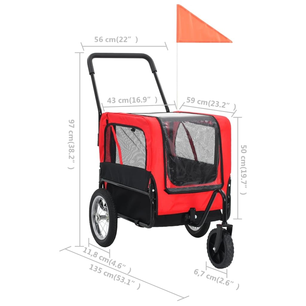 **vidaXL 2-in-1 Pet Bike Trailer & Jogging Stroller – Quick Convertible Design, Durable Steel Frame, Water-Resistant Oxford Fabric, Breathable Mesh Windows – Red & Black – Perfect for Cycling, Running & Outdoor Adventures with Your Pet**