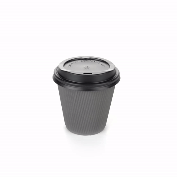 8 oz Gray Ripple Wall Paper Coffee Cups with Black Lids - 3.5