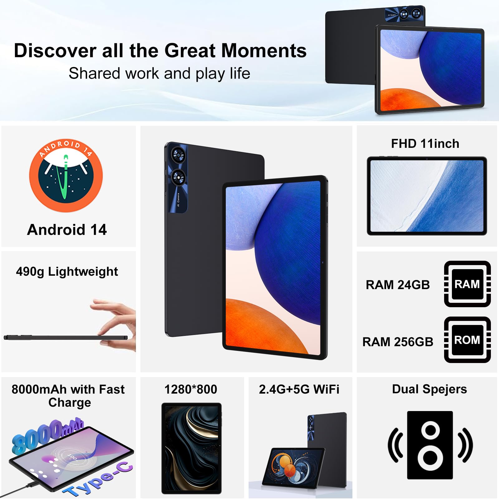 Android 14 Tablet 11 Inch - 24GB RAM 256GB ROM (1TB Expandable) Octa-Core Tablet with 8000mAh Battery | 5G WiFi, Bluetooth 5.0, Dual Camera (5MP+13MP) | IPS Touch Screen, GPS | Black - Perfect for Work, Study & Entertainment