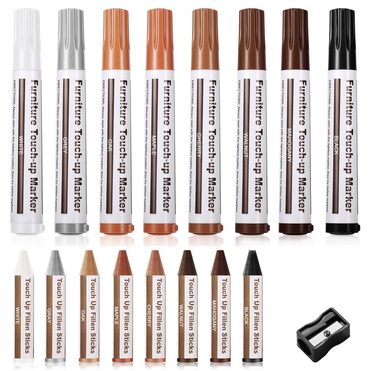 Boxgear Wood Furniture Repair Kit - 12 Colors Markers & Wax Sticks with Sharpener for Scratches, Stains on Tables, Desks, Floors (Oak, Maple, Cherry, Walnut, Mahogany) | DIY Home Improvement & Office Maintenance