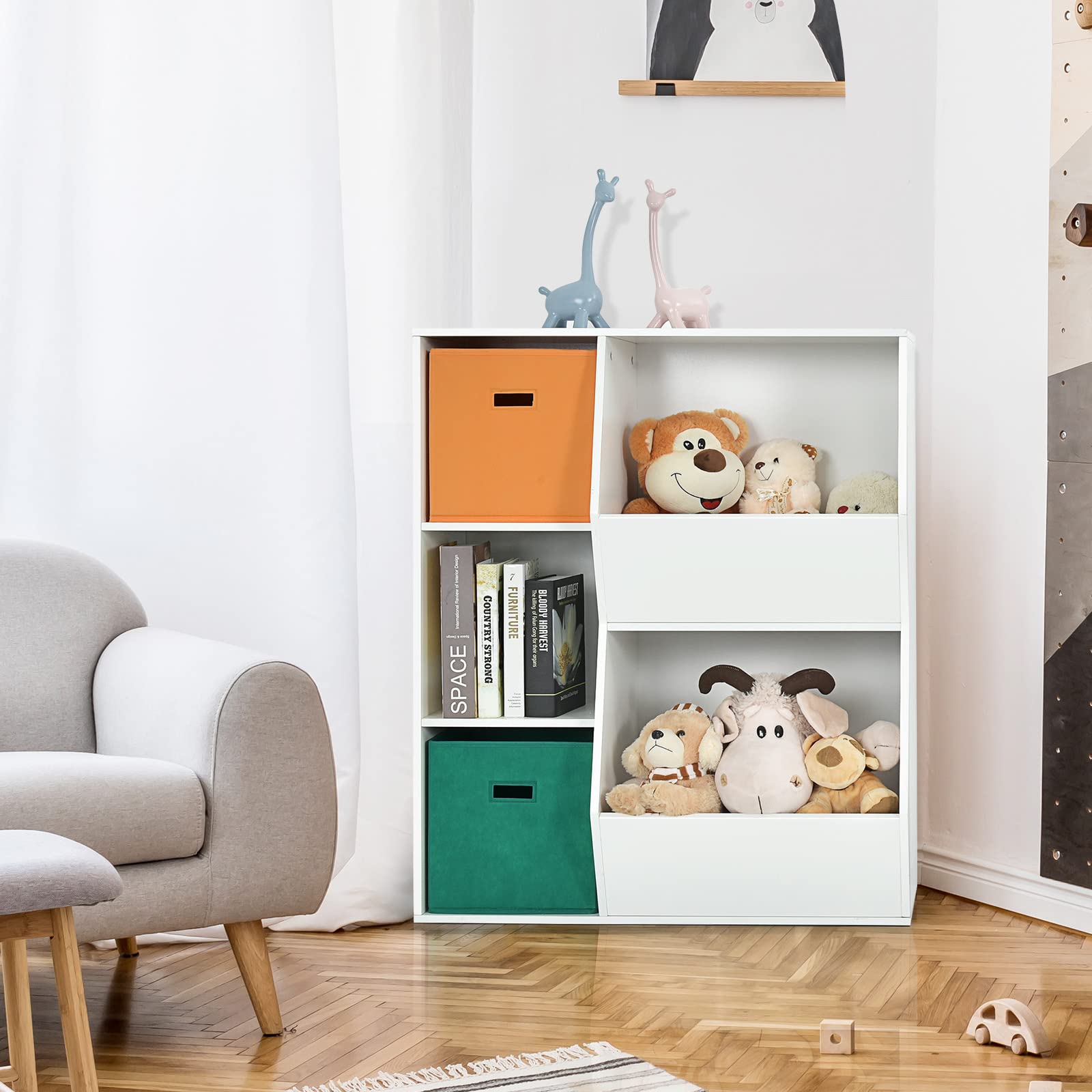 Costzon 5-Cubby Wooden Toy Storage Organizer with Bookcase & Bins - Kids Bookshelf & Toy Cabinet for Toddlers - Nursery, Playroom, Daycare & Living Room Storage Solution (White) - Perfect for Organizing Toys, Books & Kids' Essentials in Bedrooms & Classrooms