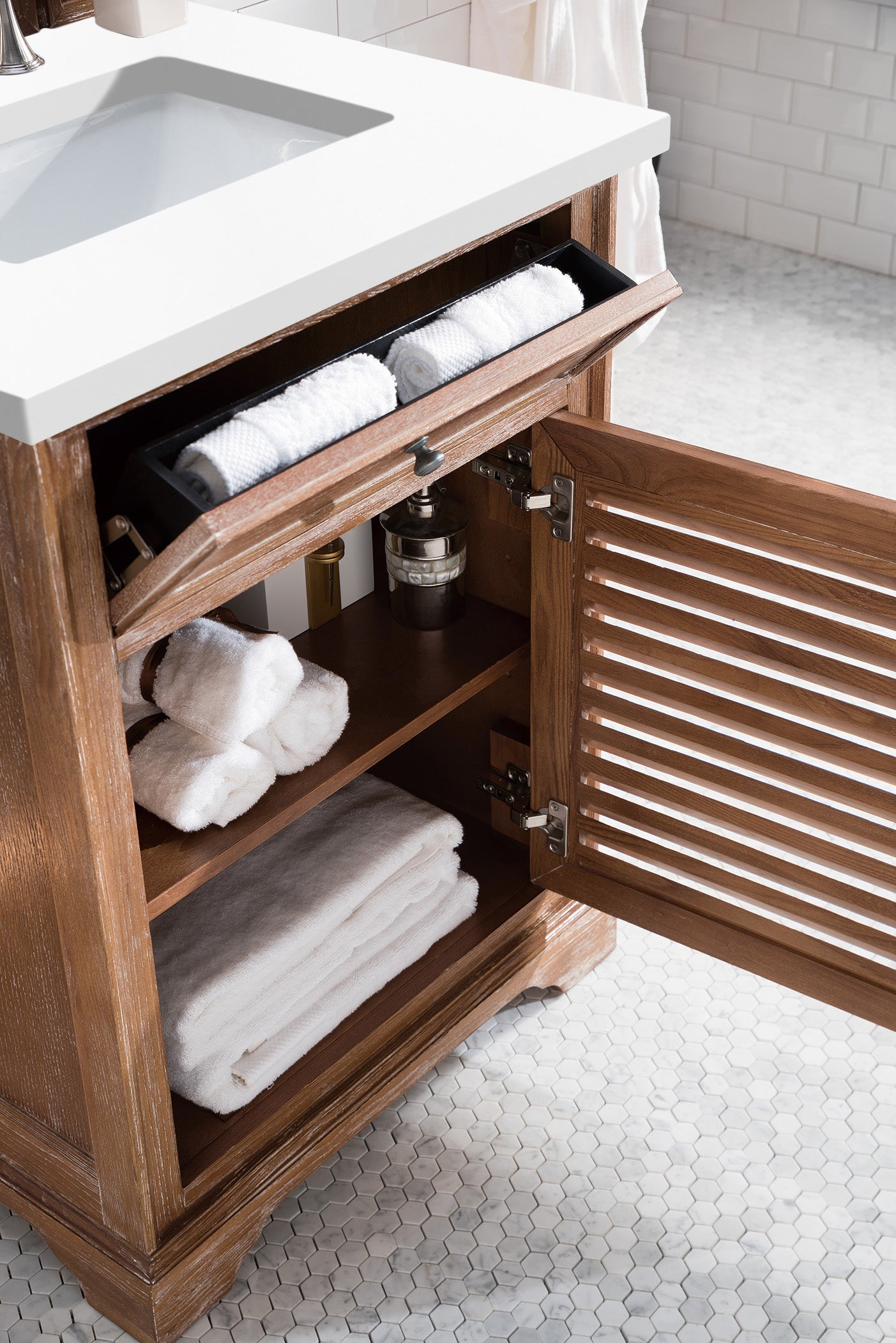 Savannah 26 Inch Single Vanity Cabinet with 3CM Classic White Quartz Top - Driftwood Finish for Bathroom Makeover | Space-Saving Storage Solution for Small Bathrooms