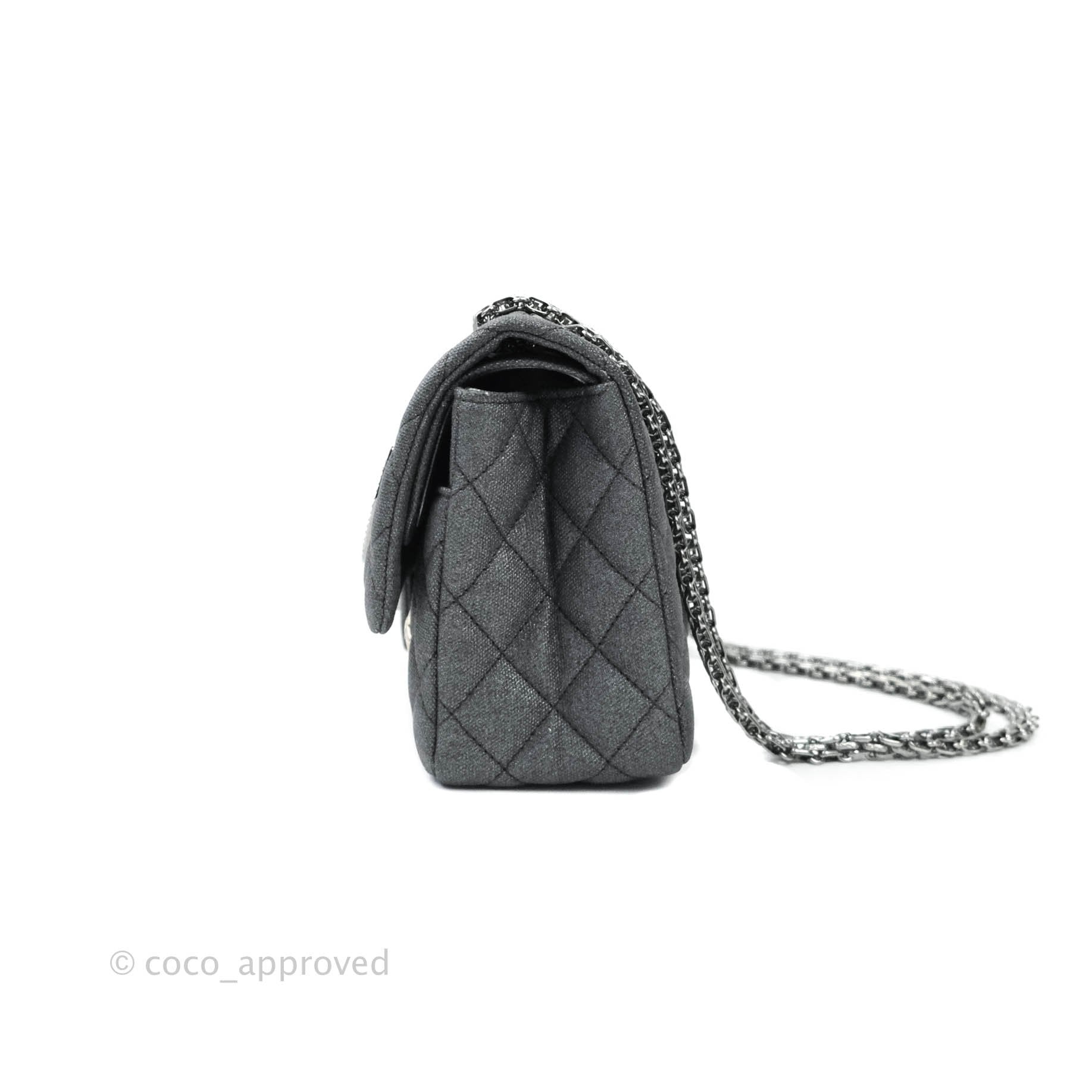 Chanel 2.55 Reissue Lucky Charms 225 Flap Bag in Iridescent Metallic Grey Canvas with Gun Metal Hardware - Perfect for Evening Events & Luxury Fashion Collectors