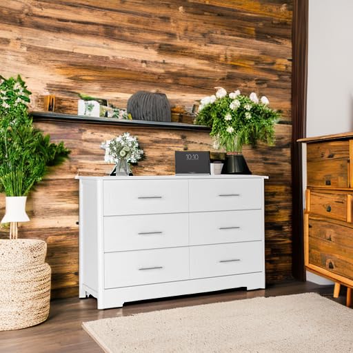HOSATCK 6-Drawer Dresser - Modern White Wooden Chest of Drawers with Metal Handles, Bedroom Storage Organizer for Clothes, Towels & Linens | Perfect for Master Bedroom, Guest Room & Dormitory (Trapezoid/White)