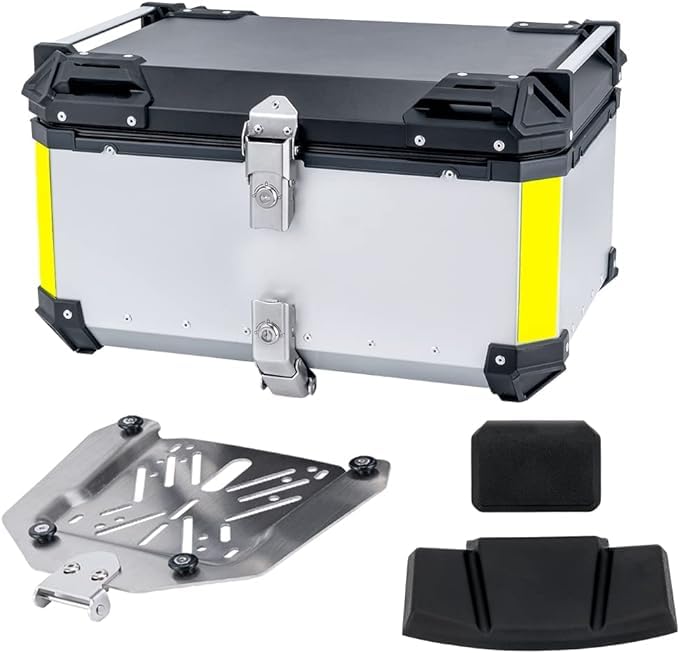 65L Motorcycle Top Case - Heavy Duty Aluminum Waterproof Luggage Trunk with Security Lock for Helmets & Gear (Silver) - Ideal for Touring, Commuting & Adventure Riding
