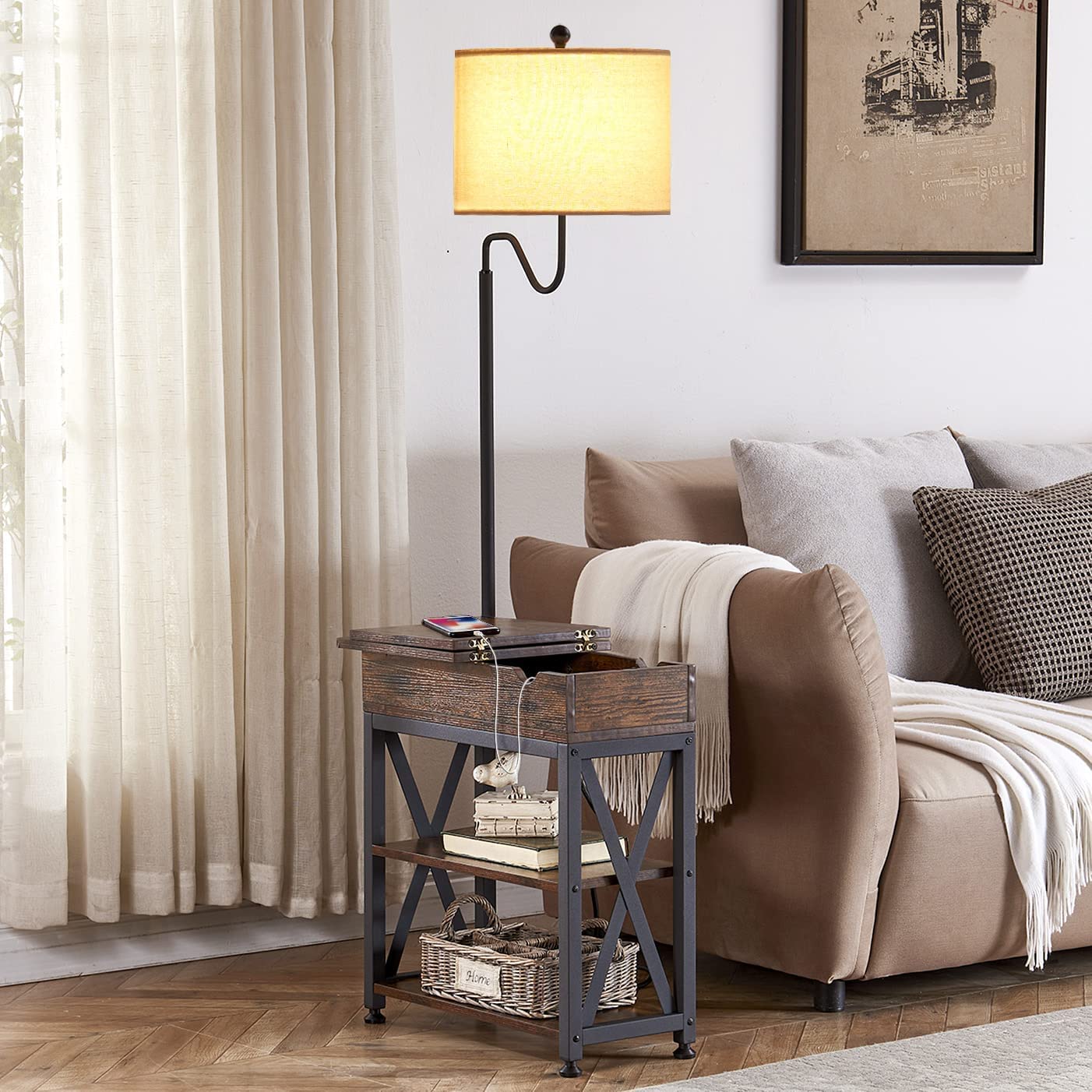 Dungoo Modern Floor Lamp with Side Table - Rustic End Table with USB & Type-C Ports, 2 Outlets & Storage Shelf - Nightstand Lamp for Bedroom, Living Room | Perfect for Reading Nook, Home Office & Small Space Decor