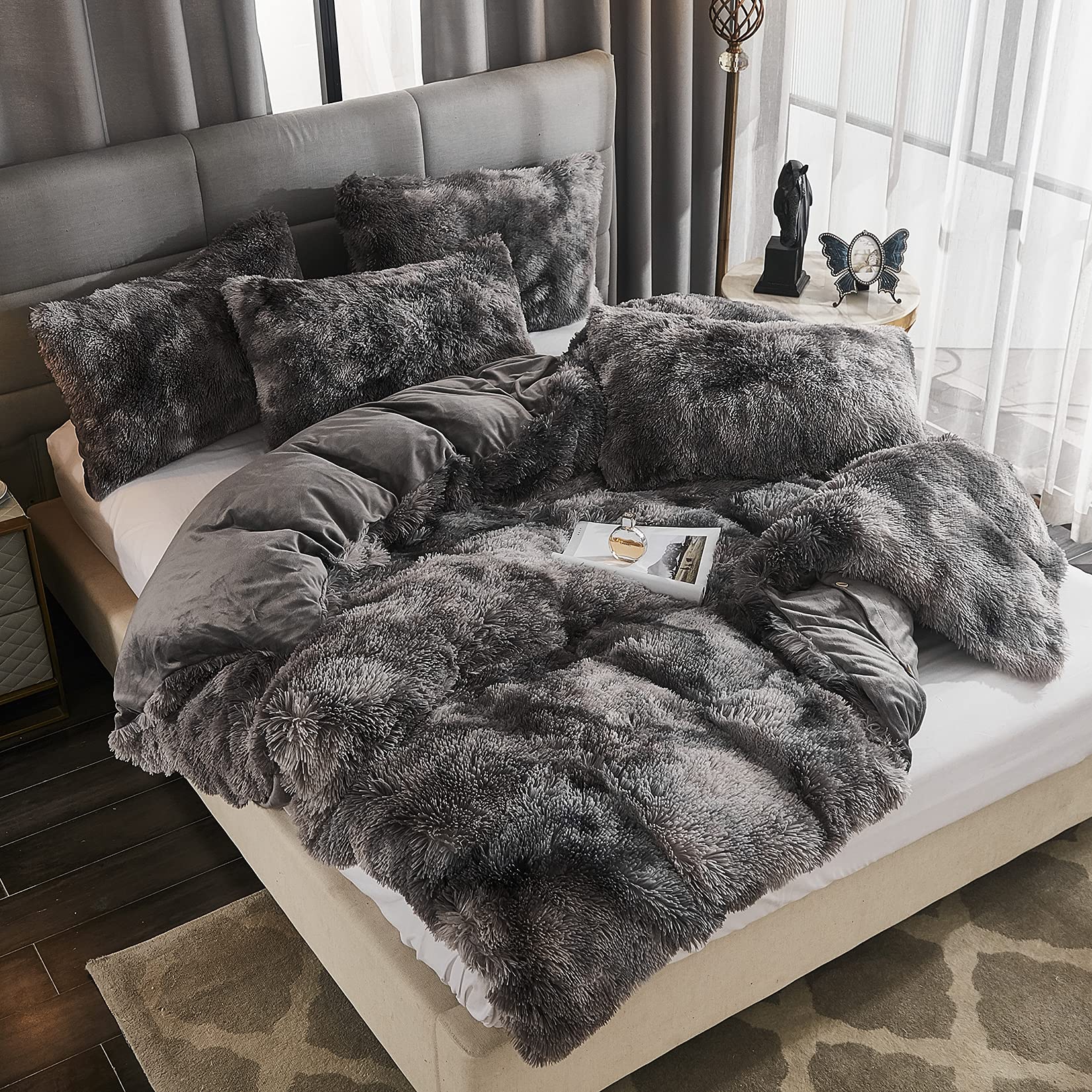 WERDIM Shaggy Fluffy Tie Dye Duvet Cover Set - Soft Velvety Bedding with Button Closure & Pillowcases - Dark Grey Tie Dye Pattern - Twin Size for Cozy Bedroom Decor & Guest Room Styling