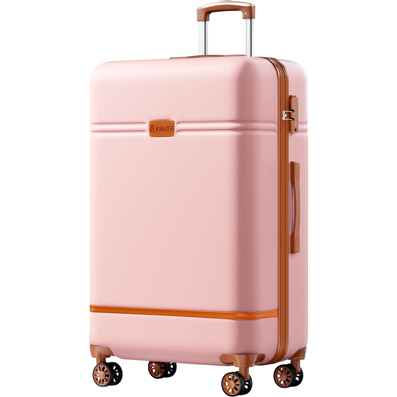 Krute 28 Inch Large Checked Luggage - TSA Approved Lock, Durable PC+ABS Hard Shell Suitcase with 360° Spinner Wheels (White/Brown) - Perfect for International Travel, Family Vacations & Business Trips